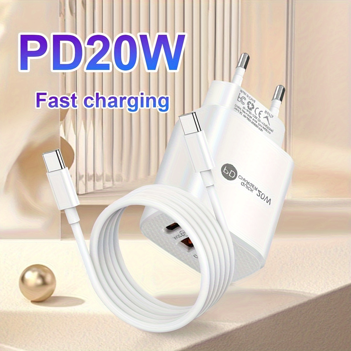 

Fast Charging Wall Charger With Usb Type-c Connector, 20w Pd Power Adapter For Travel, European Standard Plug, Compatible With 15/samsung Galaxy S23/s22/s21/s20 Series & More
