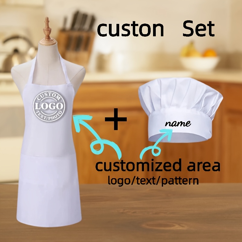 TEMU Ensemble de chef et tablier unisexe personnalisable avec images et , avec poches, en tissu durable, adapté pour les restaurants, , , les cafés,