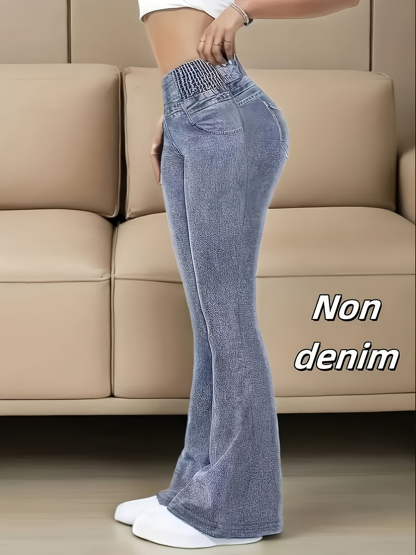 [Denim Print/Imitation Denim] Printed Legging - Not Denim Fabric New Imitation Denim Blue Women's Leggings - Elegant Stretch Flared Pants