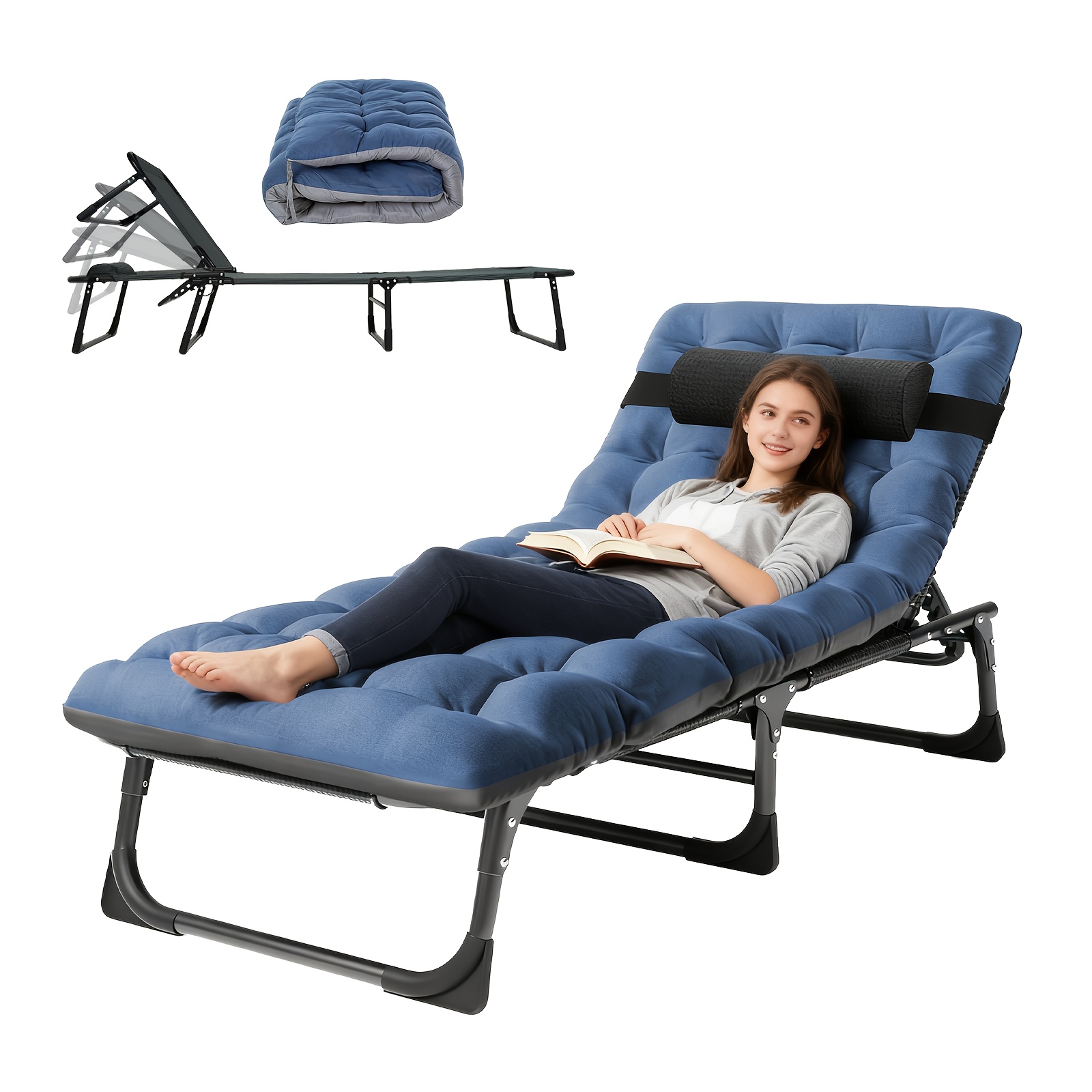 TEMU Lit de camp portable pliant avec matelas - Chaise de jardin pour adulte réglable en 4 , de poids de 330 LBS pour camping, plage, terrasse et