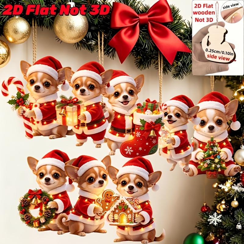 TEMU Decorazioni Natalizie 2D piatte, set da 8 pezzi con adorabili Chihuahua in abiti natalizi con ornamenti natalizi , decorazioni in legno, set di