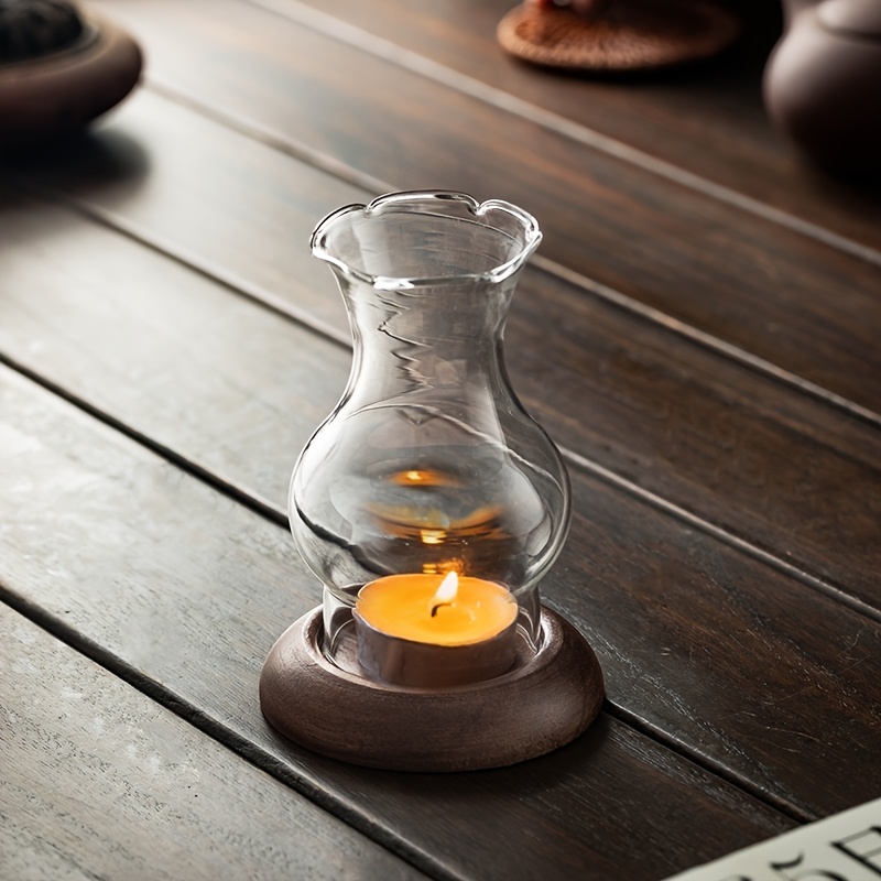 Image of 1pc Zen Style Candlestick Windproof Glass Shade, Chinese Home Retro Aromatherapy Candle Light, Tea Room Decor Ornaments Scented Night Light