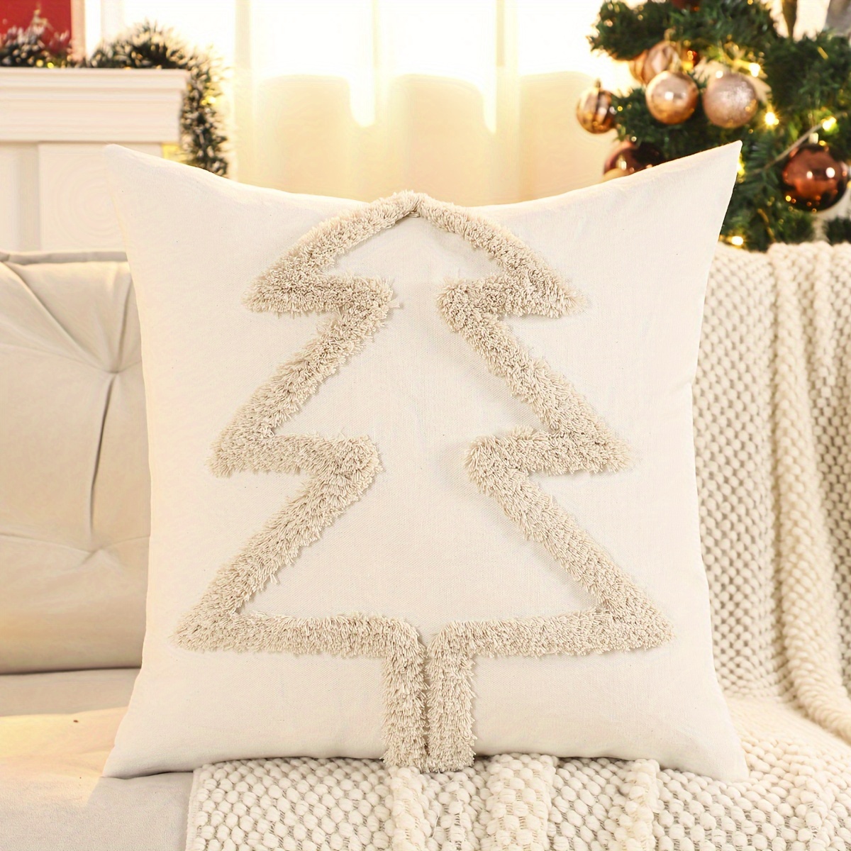 1pc Traditional-style Clustering Christmas Throw Pillow Cover, Christmas Tree Canvas Embroidery, Geometric-pattern Polyester 100% Woven Zipper Closure For Living Room