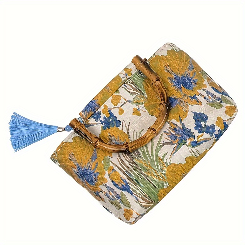 E-shop Blumenmuster Bambus Canvas Tasche, Goldprägter Jacquard Stoff, Canvas Tasche mit Blumenmuster, Praktisch für Tägliche Reisen,