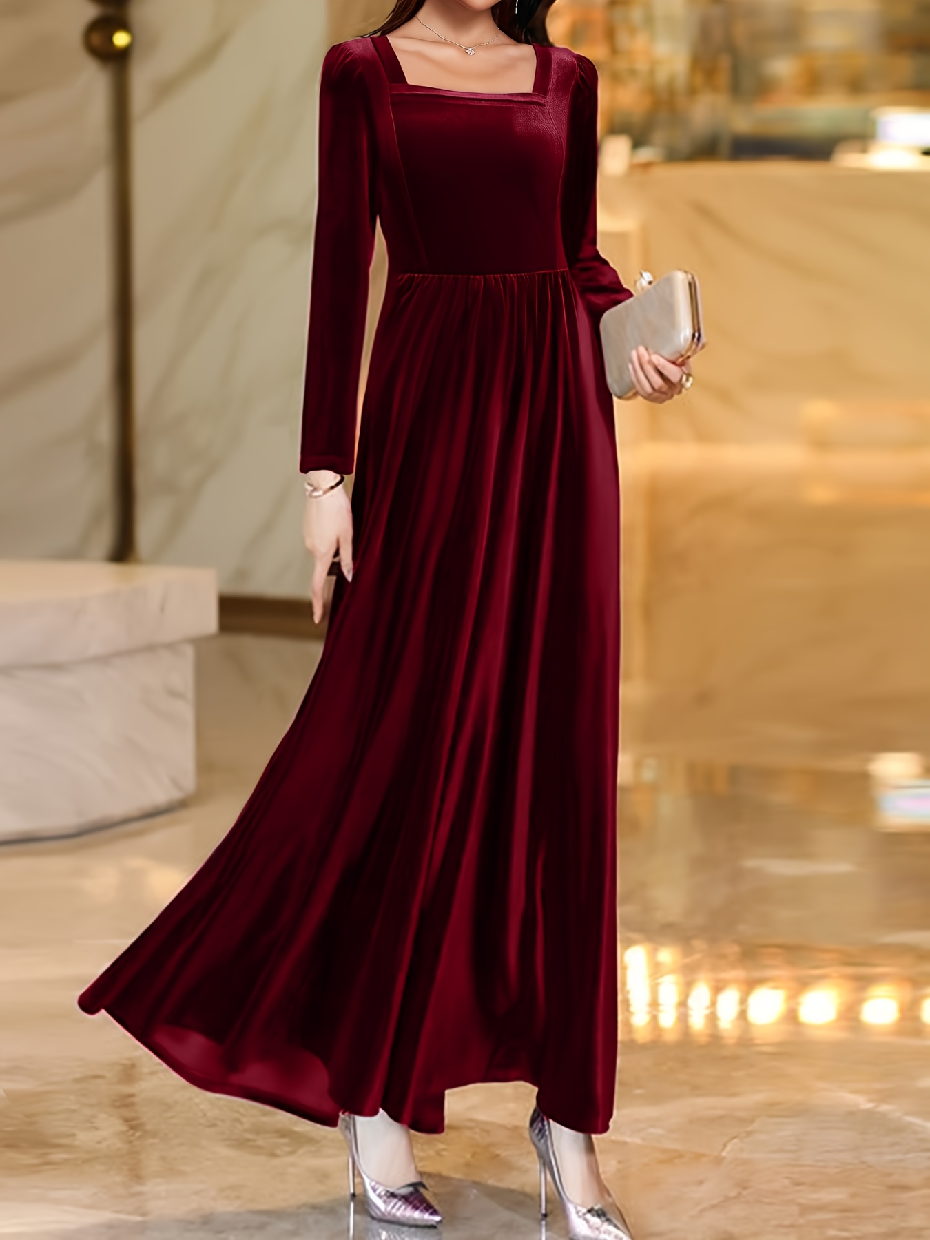 Elegant Square Neck Long Sleeve Dress with High Waist A-Line Silhouette  Stretch Velvet Formal Party Bridesmaid Gown for Women, Spring/Autumn - Main Image