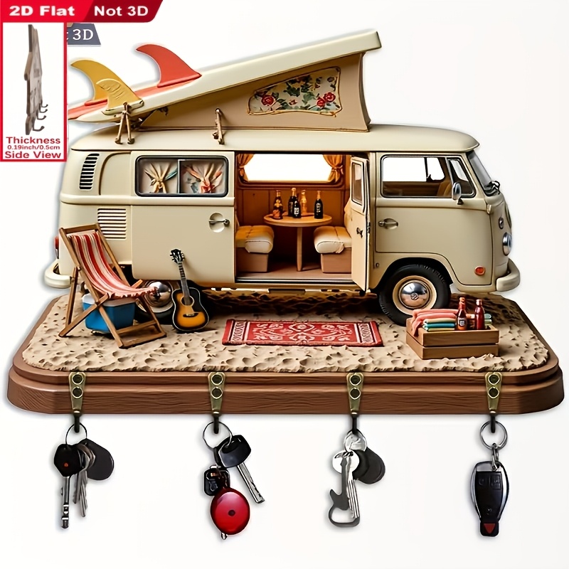 E-shop 2D Fläche. 1er Pack. Retro Van Schlüsselhaken - Multifunktionaler dekorativer Schlüsselhalter aus Holz mit vier Metallhaken, Wanddeko, Raumdeko,