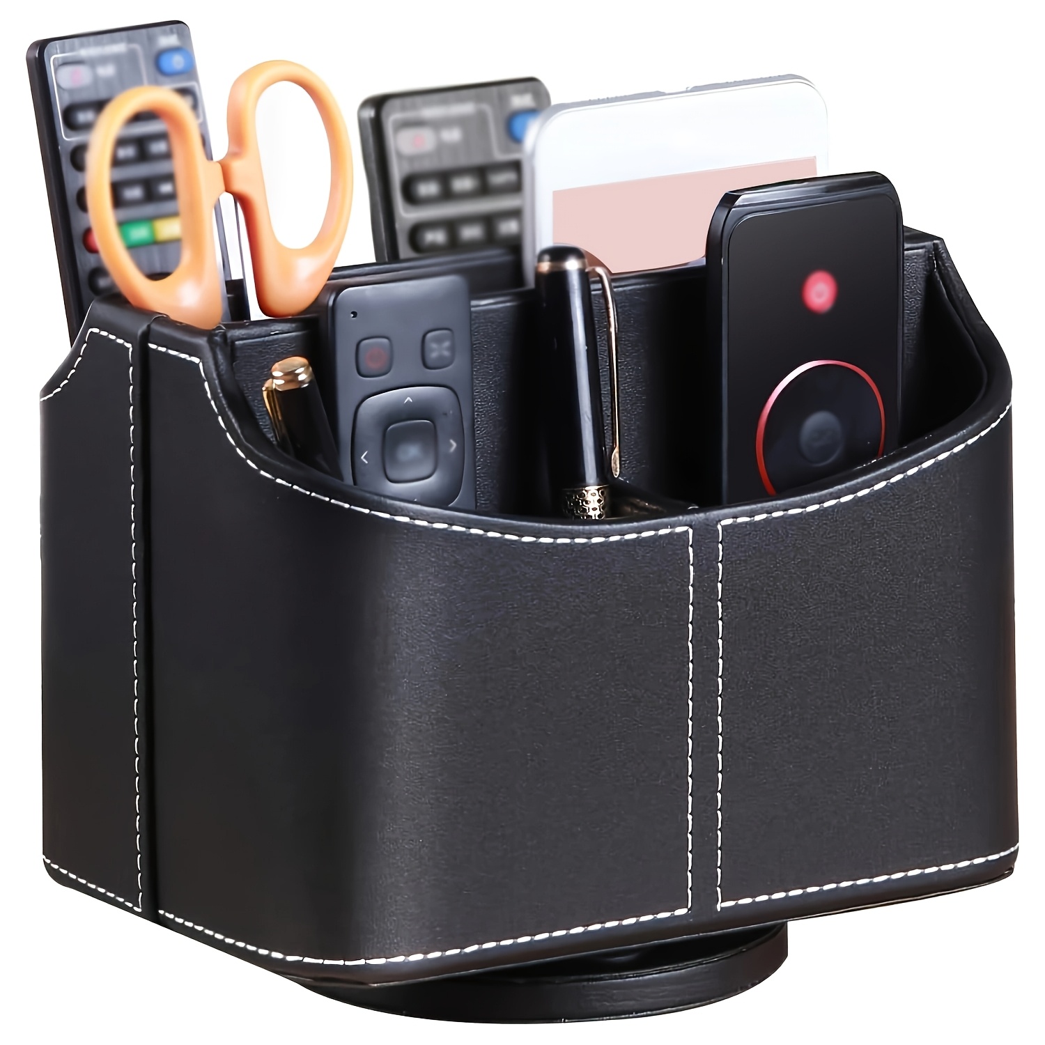 

Remote Control Holder Pu Leather Rotatable Desktop Supply Organizer Storage Box For Controllers Media Stationery Nightstand Tv Caddy E-reader Phone Pen/pencil Cosmetic