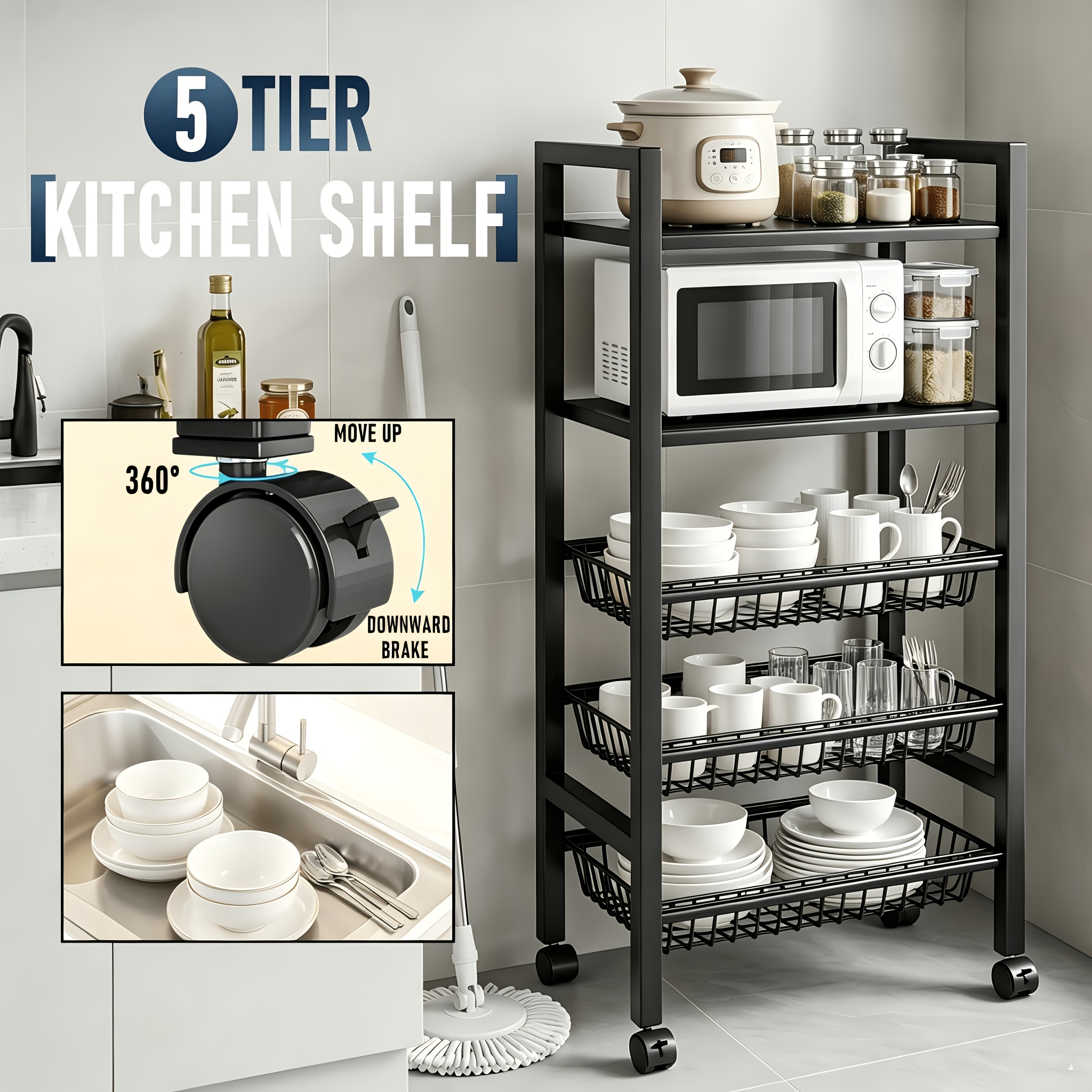 TEMU 5-tier Metal Kitchen Serving Cart On Wheels, Rolling Storage Trolley With 3 Wire Baskets And Solid Flat Shelves, Mobile Utility Organizer Cart