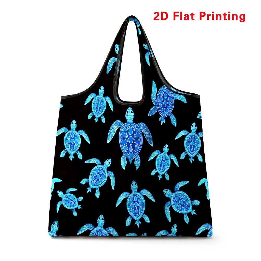 TEMU 2d Flat Foldable Shopping Bag - Reusable Portable Tote Bag With Turtle Print, Large Capacity Handbag For Daily Use, 2d Flat