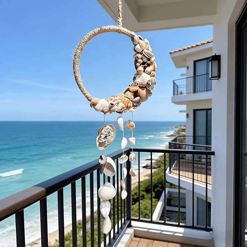 Image of Outdoor Handmade Shell And Sea Glass Wind Chime, Beach Coastal Outdoor Craft, Garden Decoration, Gardening Gift, Women's Yard Ornament