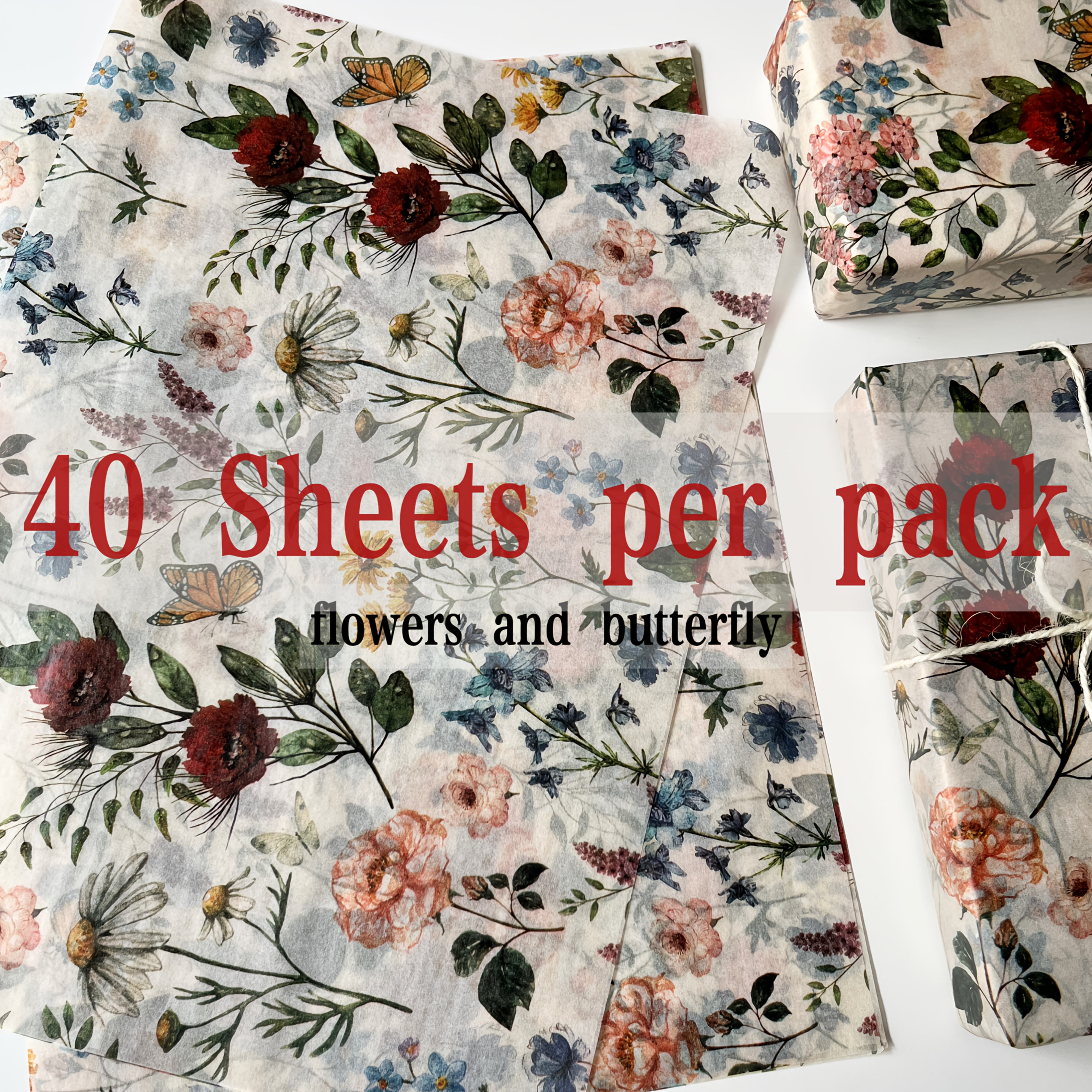 TEMU 6pcs/ 22pcs/ 40pcs Vintage Elegant Floral And Tissue Paper 14* 20 Inch Gift Wrapping Paper Art Paper Suitable For Party, Birthday, Wedding