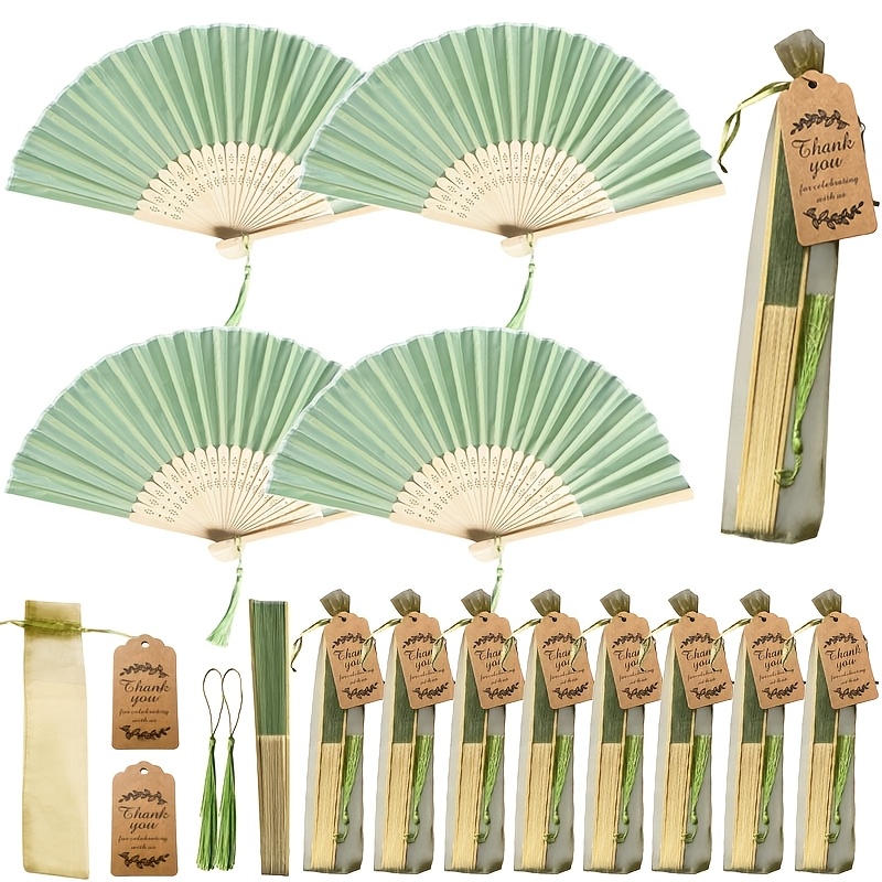 28pcs 7 sets handheld folding fans with thank you cards and tassels containing 7pcs folding fans 7pcs gift bags 7pcs thank you cards and 7pcs tassels green wedding hand fans party gifts foldable makeup fans bulk bamboo fans