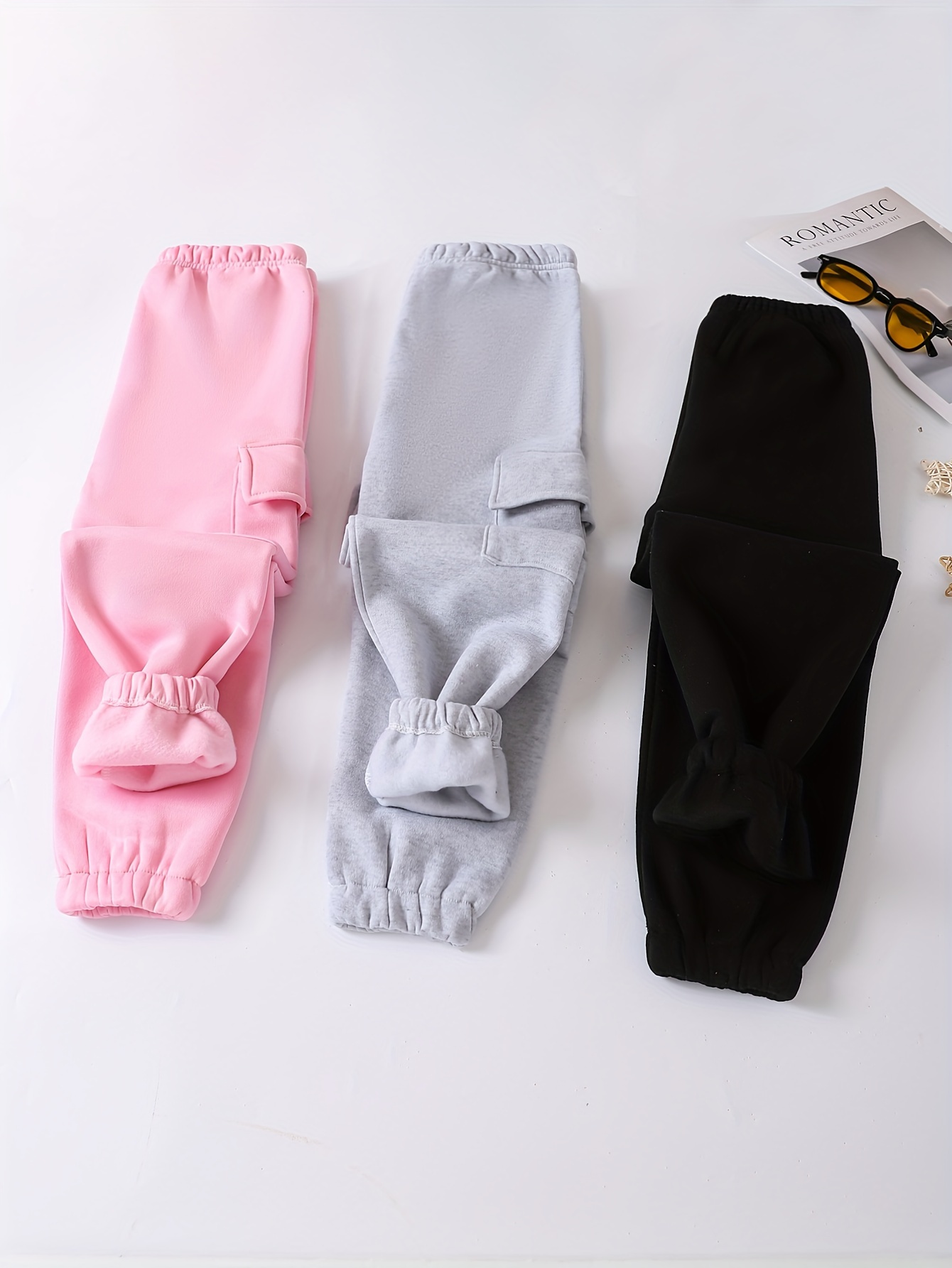 Girls' 3pcs Fleece-Lined Cargo Pants Set for Winter