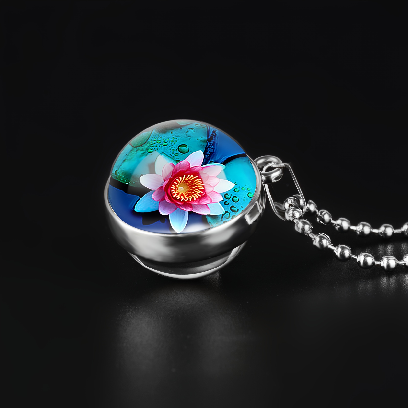 Lotus Flower Double-Sided Spherical Pendant Necklace