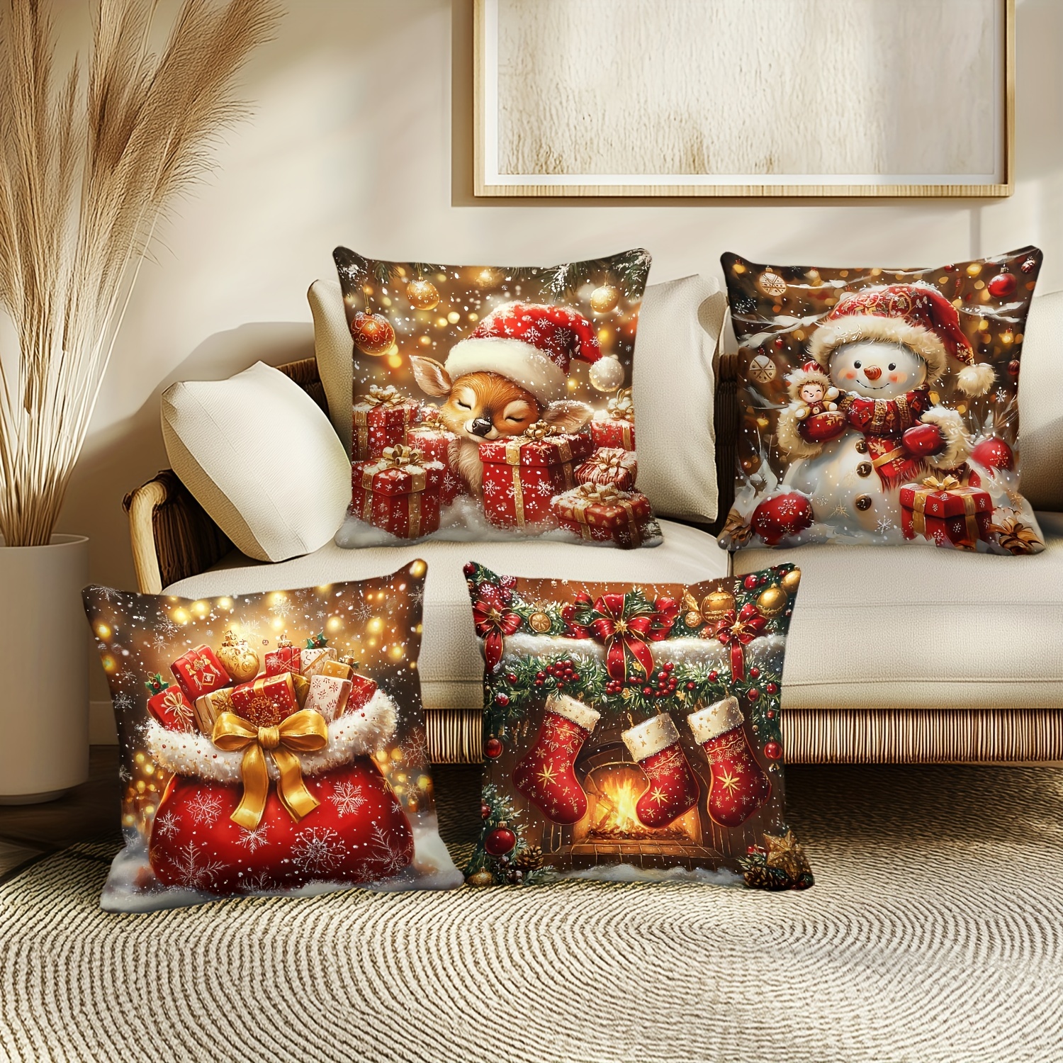 

4pcs Christmas Pillowcase Set - , Snowman & - 18"x18" - For , & Sofa Decor - - Polyester (inserts Not Included)