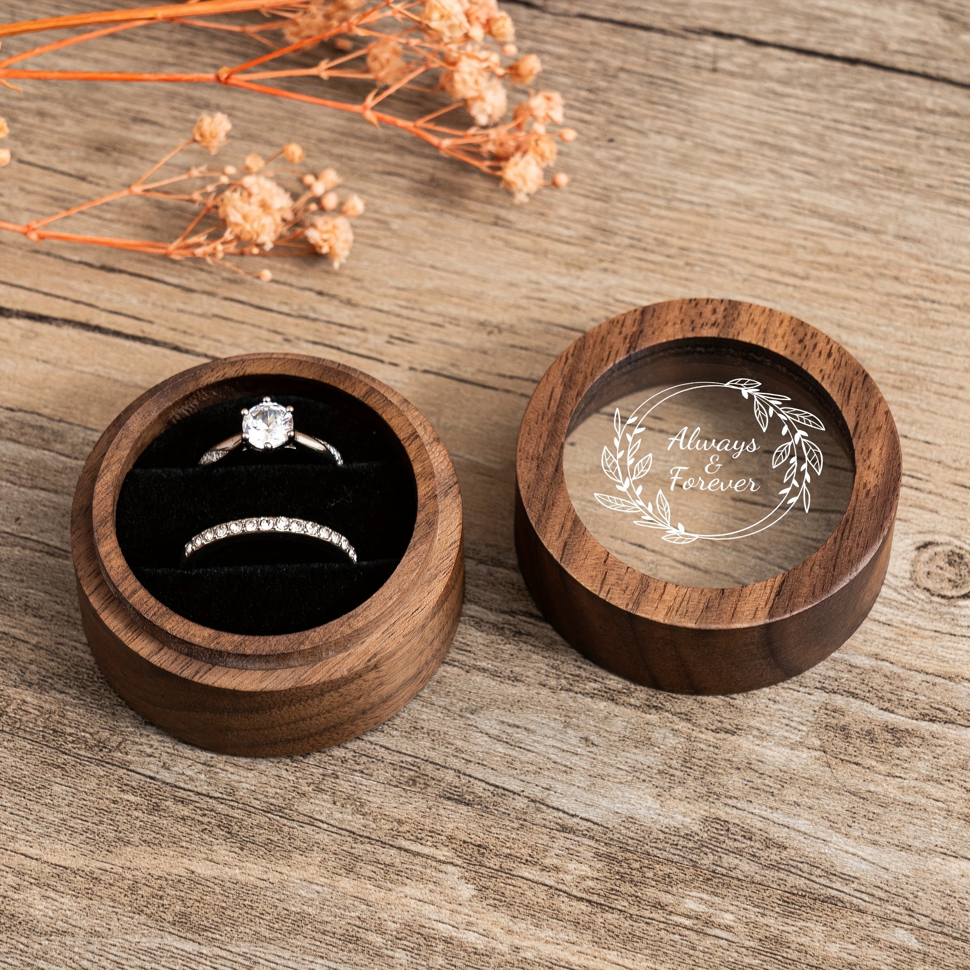 TEMU Wooden Engagement Ring Box With Clear Acrylic Lid - Round Ring Holder For Proposal, Wedding, Anniversary, Valentine's Day Gift - Engraved " And