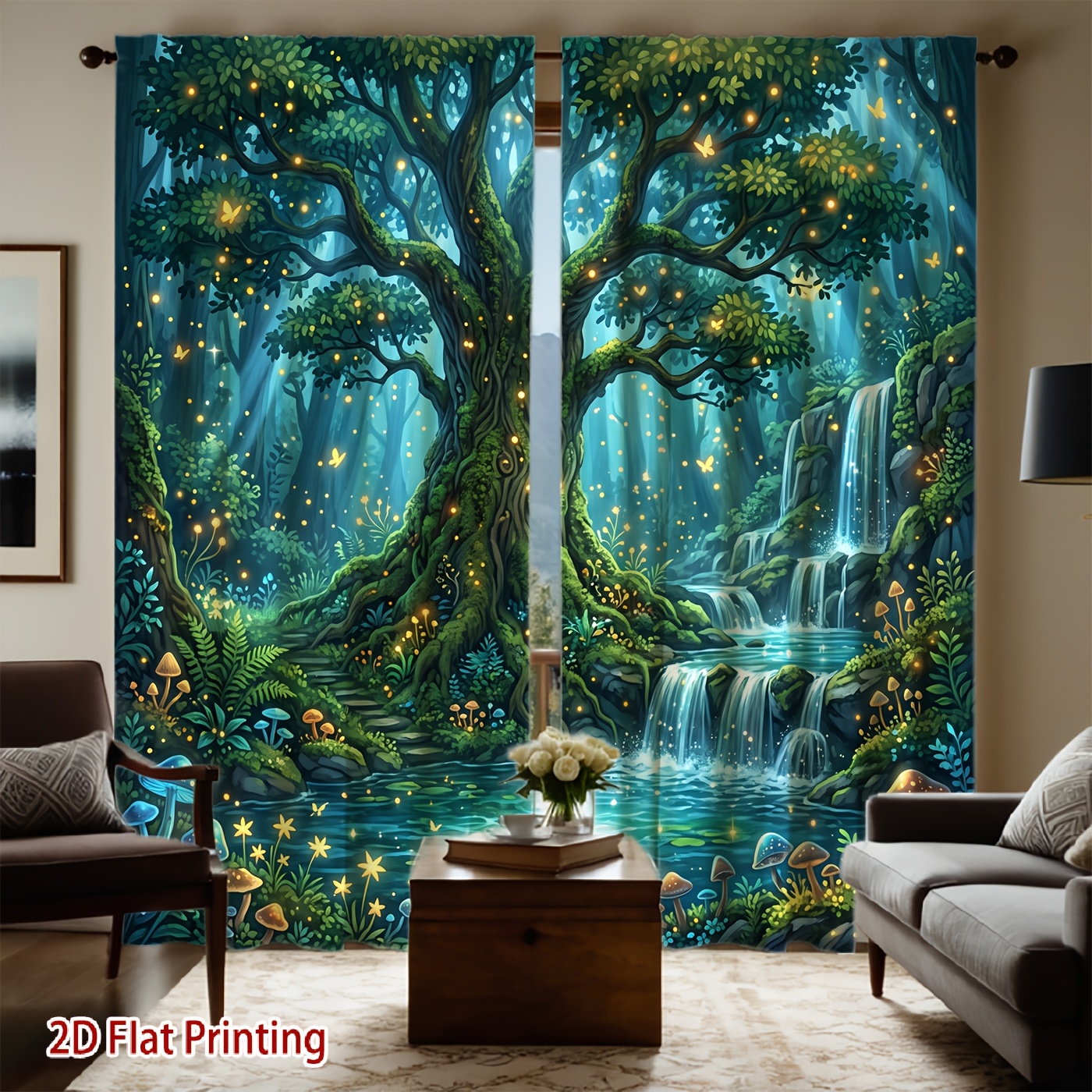 TEMU 2d Flat - 2d Flat - [ Product] 2pcs 2d Flat Printing Fantasy Forest Enormous Tree Firefly Waterfall Printed Curtains, Soft Light, Privacy