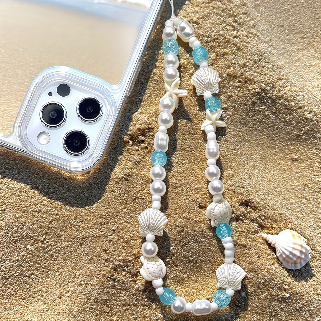 E-shop Modischer Ozean-Stil Muschelgeflochtener Handy-Anhänger Strandserie Seestern Schildkröte Perlen Handy-Anhänger Anhänger