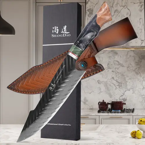 20cm damascus chefs knife 67 layer alloy steel 15comov resin wood handle leather sheath ideal for kitchen and dining use