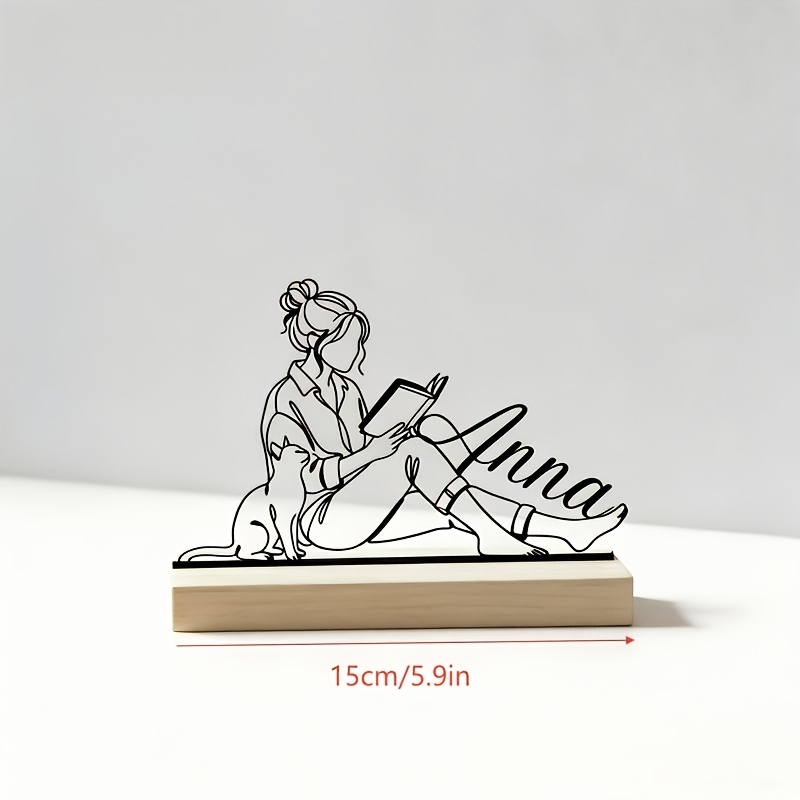 TEMU Girl Reading Art Desktop Ornament - Customizable Name, Gift For Cat Lovers And Book Enthusiasts, Desk Decor, Perfect For Bedroom, Memorials,