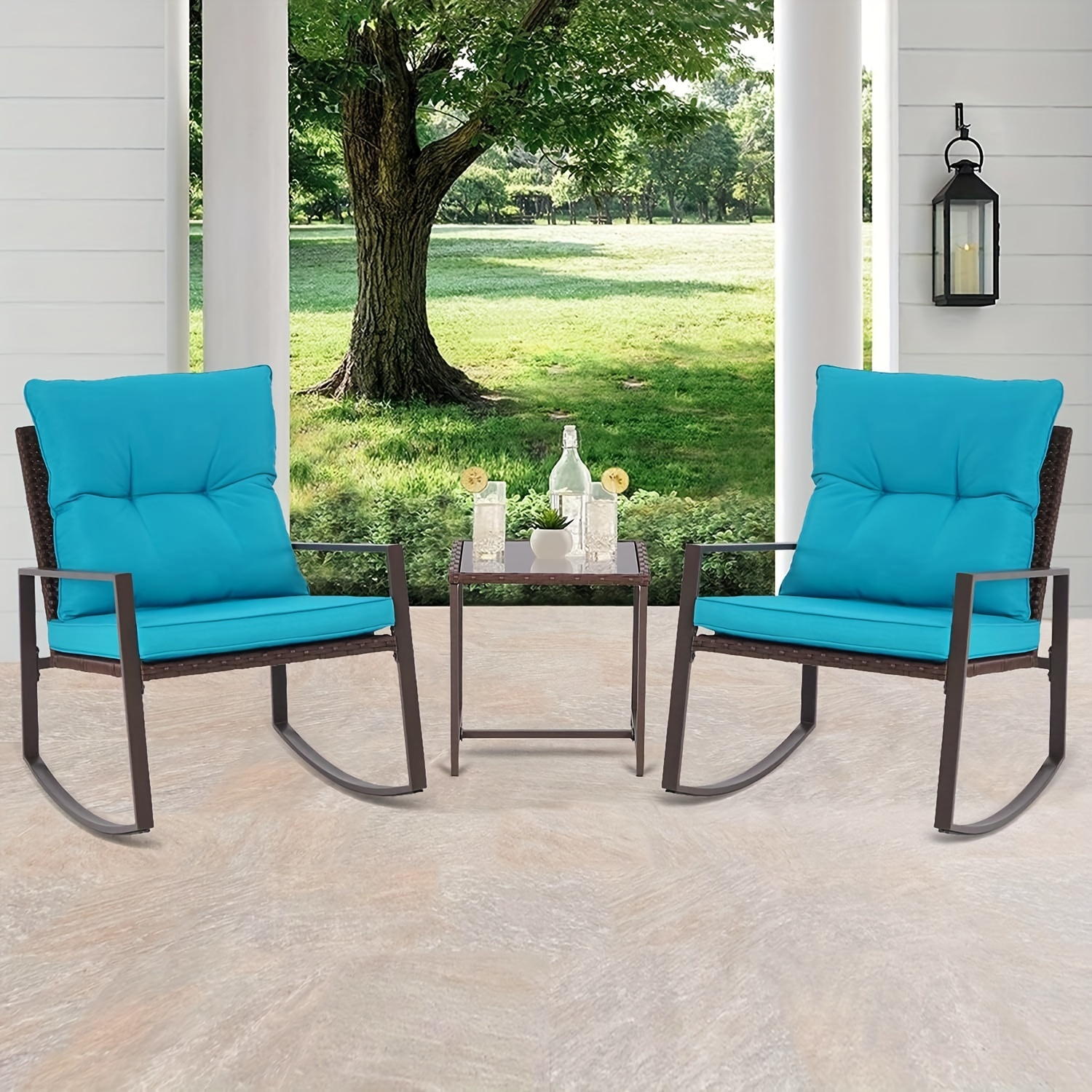 

3pcs Patio Bistro Set Outdoor Brown Wicker Rocking Chairs Set With Glass Coffee Table And Light Blue Cushions