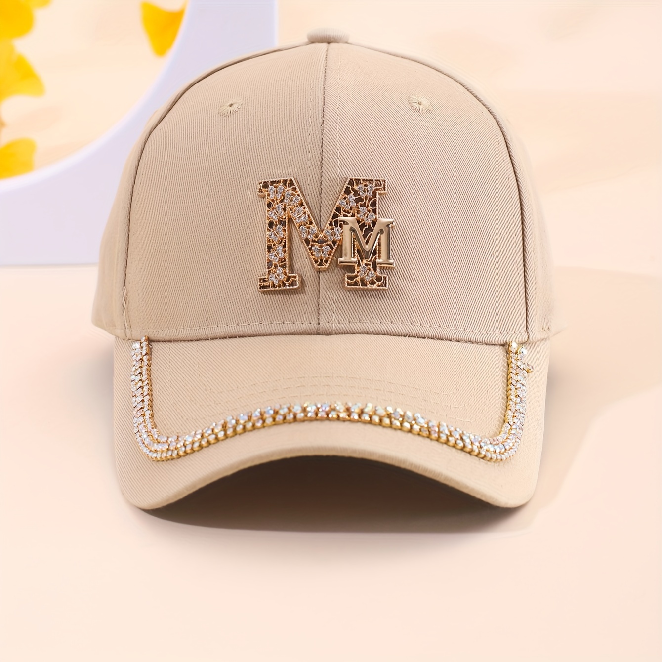 

M Rhinestone Decorative Baseball Cap Monochrome Adjustable Sunscreen Peaked Hats Casual Outdoor Sunshade Hat For 4 Seasons