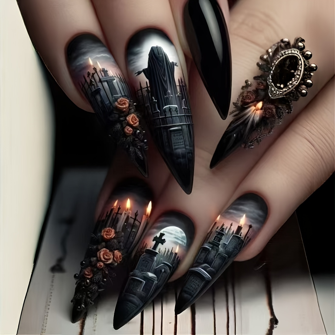 24pcs Halloween Style Long Almond-shaped Tomb Shadow Candle Soul Nail Art Set For Women, Detachable Press-on Nails