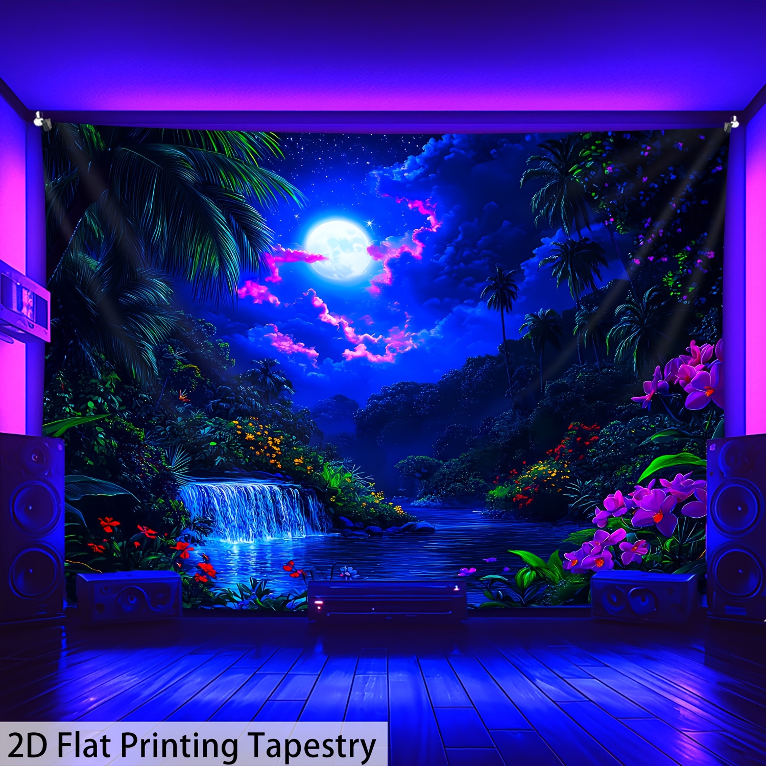 TEMU Tenture Imprimée 2D Plate - 1pc Ciel Forêt Fleurs - Tenture Fluorescente Sous Lumière UV, Grande Taille, pour Chambre, Bureau, Salon, Décoration