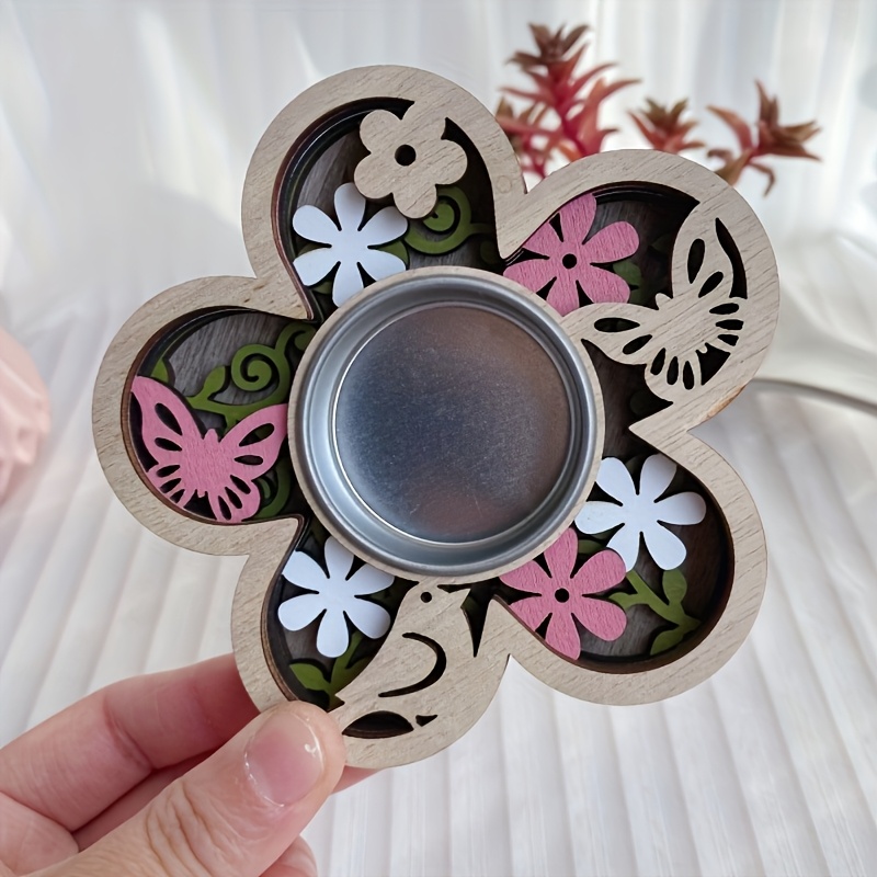 TEMU 1 Elegant Vintage Wooden Holiday Candle Holder, Tea Light Candle Stand, Featuring , Heart, And Floral Patterns. Suitable For Weddings, Baptisms,