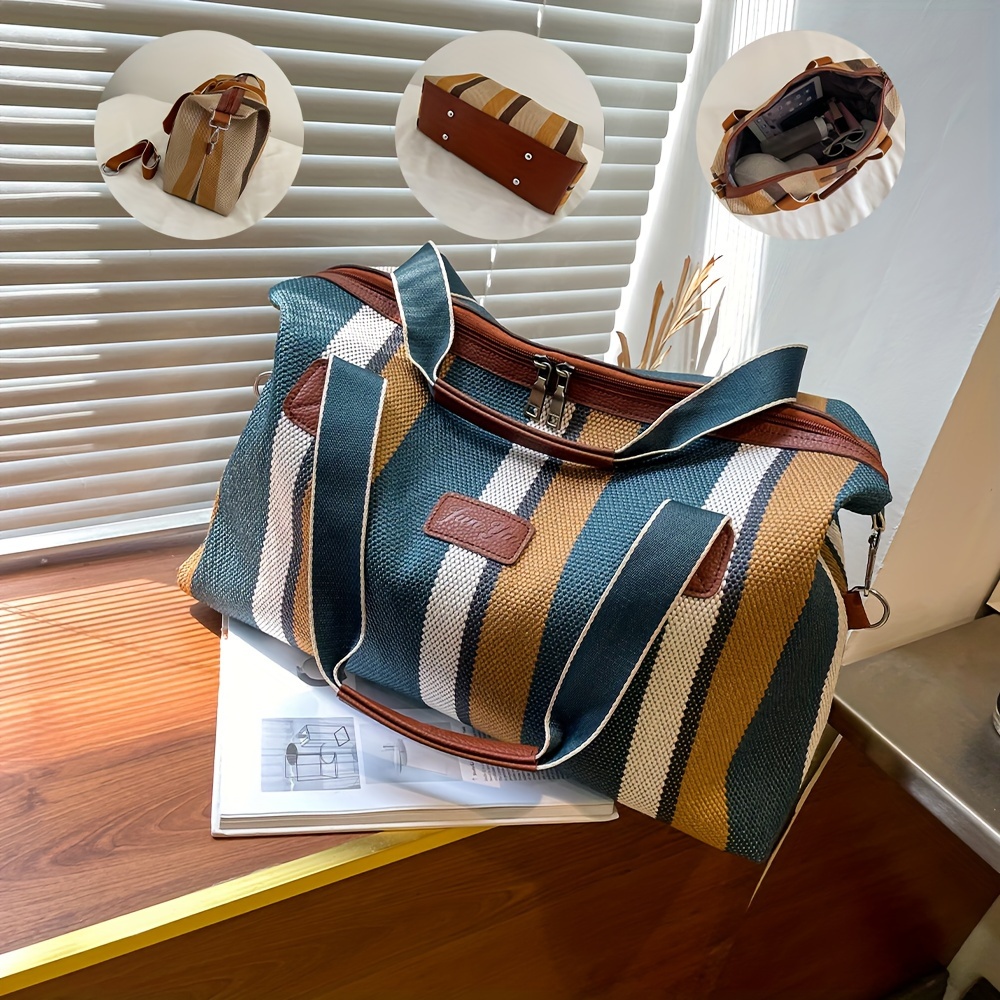 

1pc Sac de Voyage en Nylon à Rayures Vintage pour Femme, Style Décontracté avec Sangle Réglable, Grand Sac en Toile avec Fermeture Éclair et Doublure en Polyester, Bagage pour Voyage