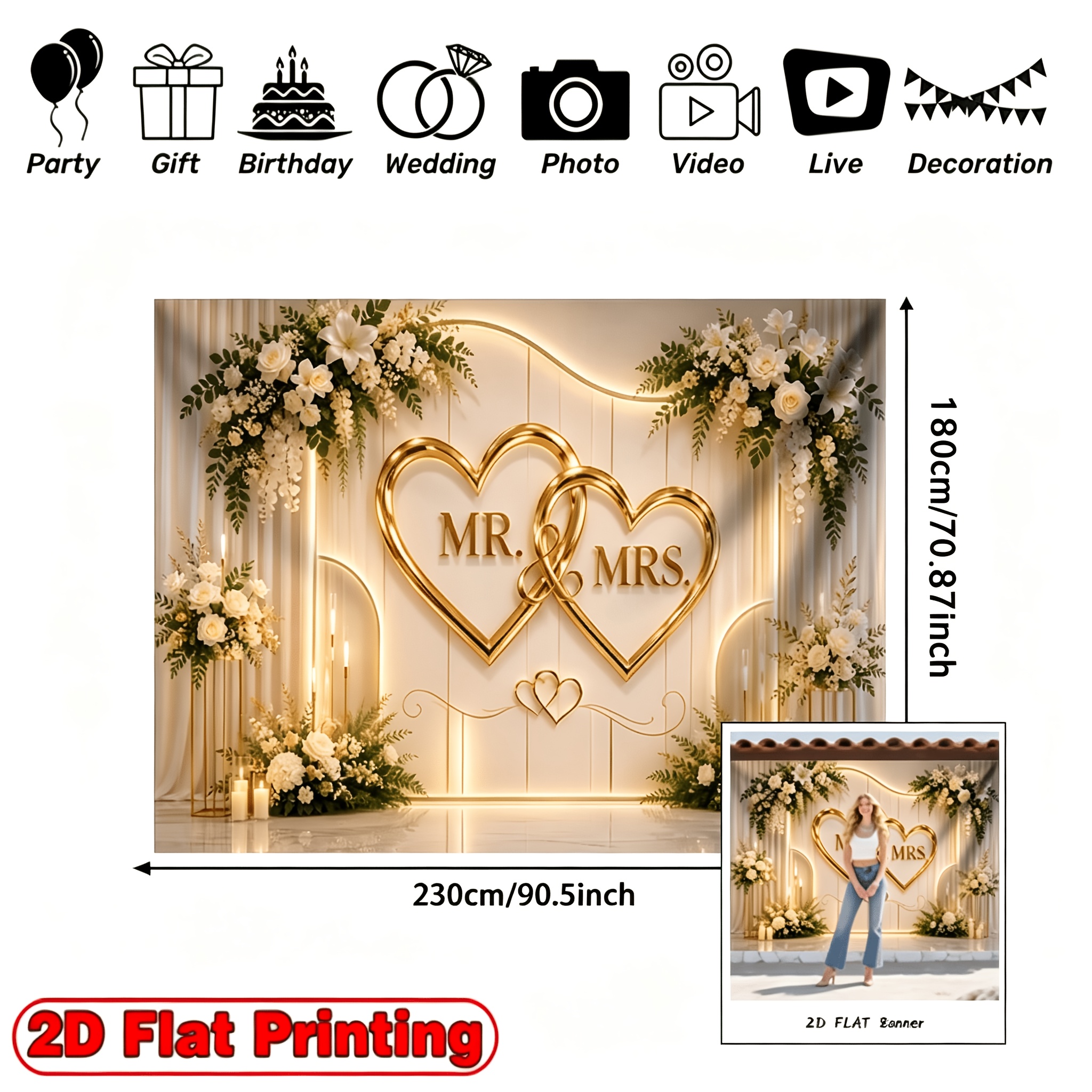 TEMU Bannière d'impression 2D Plate, 2D Plate - 2D Plate, 2D Plate - 2D Plate, 1pc Bannière de fête, Toile de fond de mariage à thème avec des cœurs