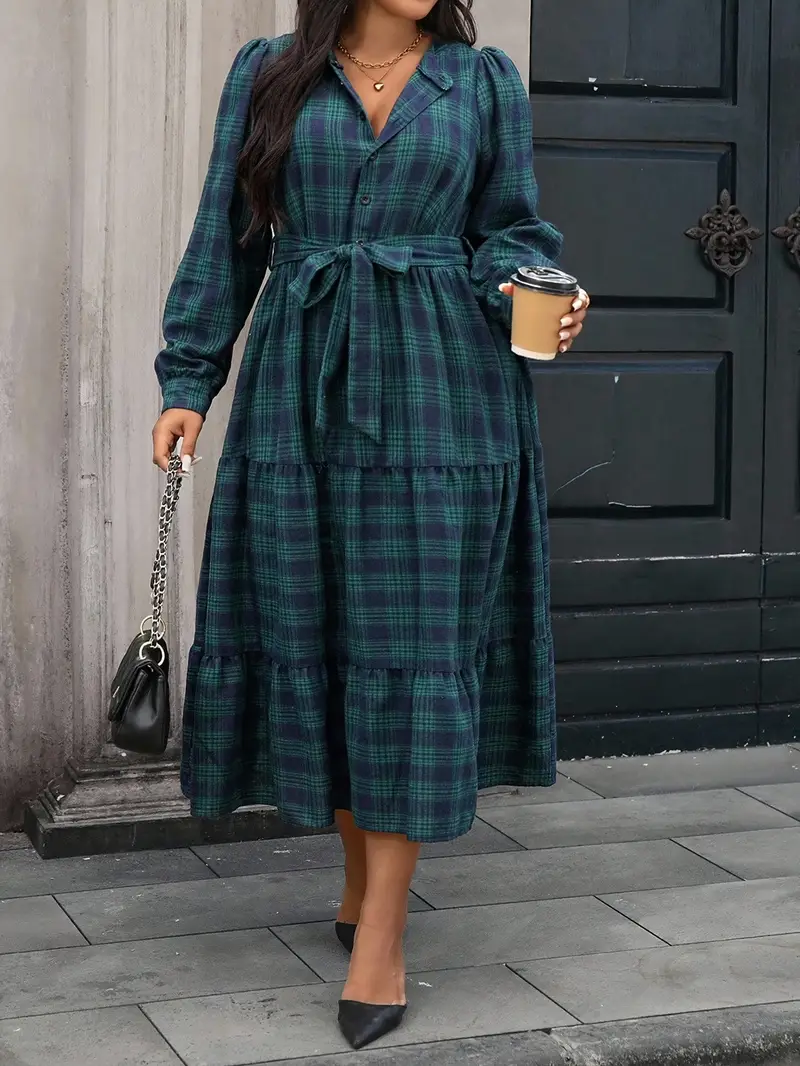 Plus Size - Plus Size - Elegant Plus Size Women'S Vintage Tartan Dress | Midi Length, Fit and Flare Silhouette, Regular Sleeve, Suitable for Spring/Fall Season Plus Size - Plus Size - Elegant Plus Size Women'S Vintage Tartan Dress | Midi Length, Fit and Flare Silhouette, Regular Sleeve, Suitable for Spring/Fall Season