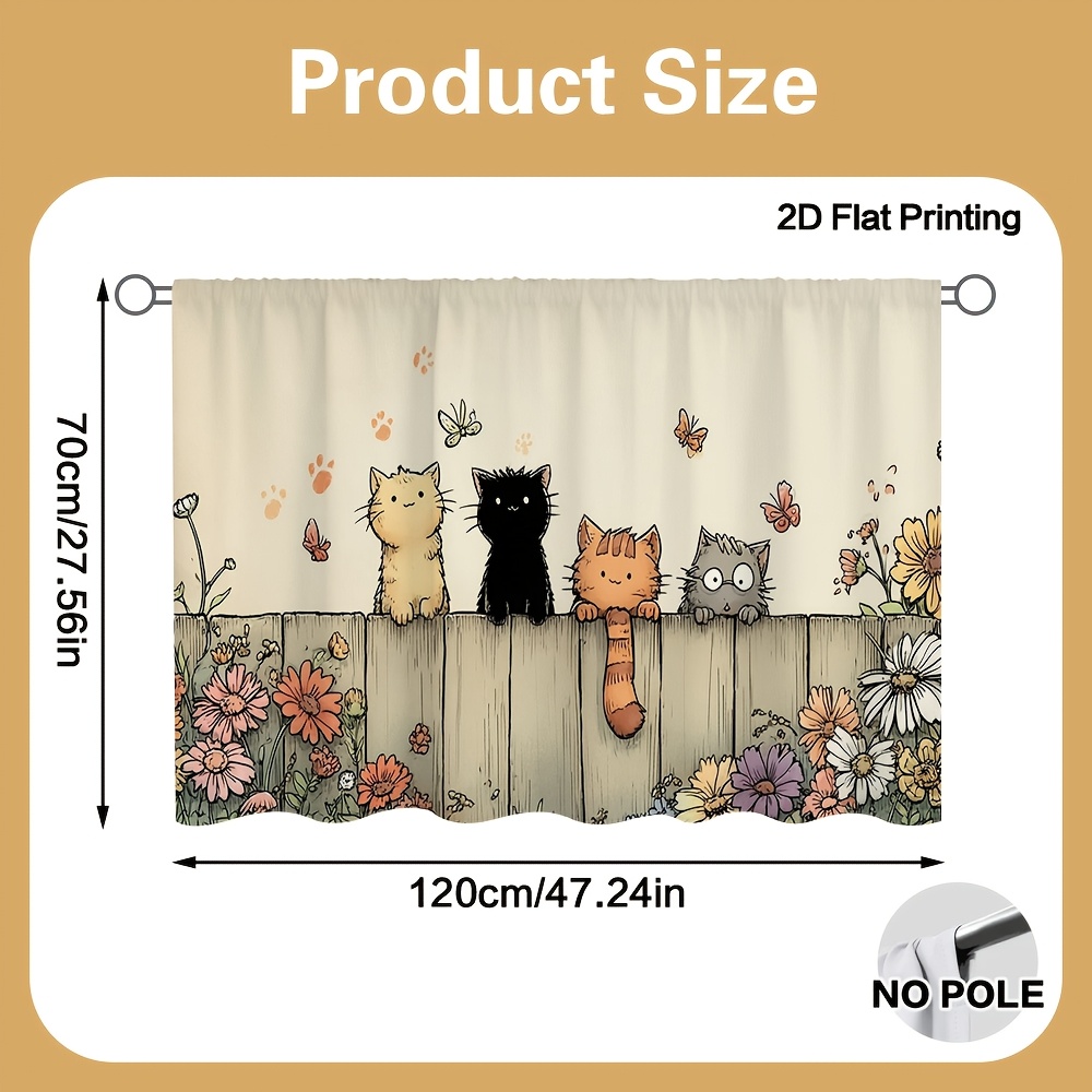 TEMU 2d Flat, (2d Flat) 1pc Spring Cats On Fence Curtain & Cabinet Decor, For Living Room, Balcony, Sink Area Decor, Premium Printing Quality,