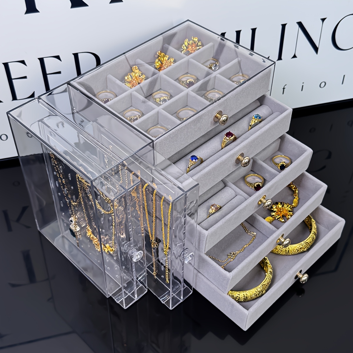 large jewelry organizer box with clear lid   storage case multiple compartments for necklaces bracelets rings earrings birthday mothers day valentines gift for women desktop organizer with secure closure jewelry box organizer polished   fabric lined interior necklace holder durable plastic birthday present jewelry boxes Product details 3