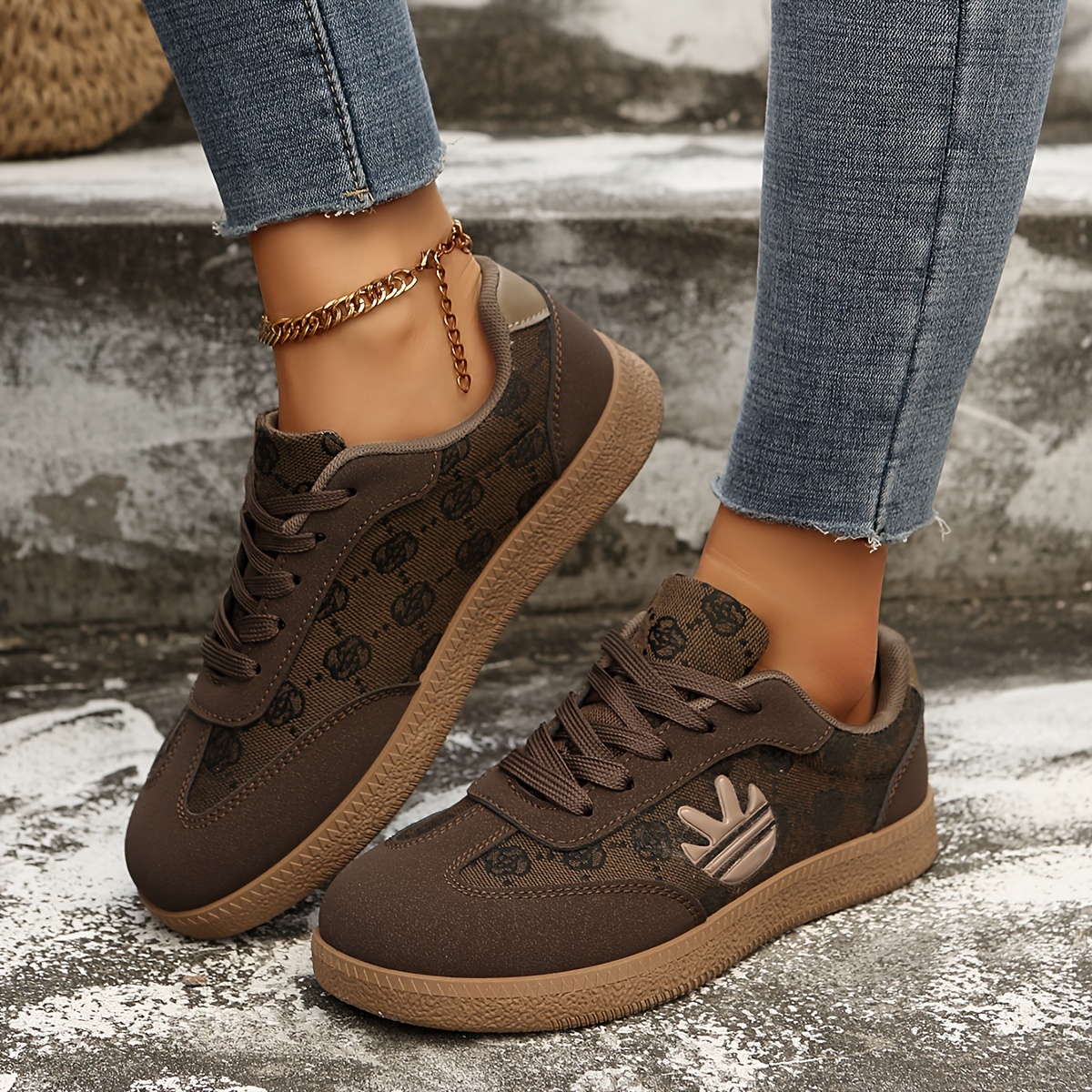 TEMU Women's Print Vintage German Training Shoes Natural Rubber Flat Lace-up Penny Loafers Retro Light Commuter Casual All-match Low-top Sneakers,