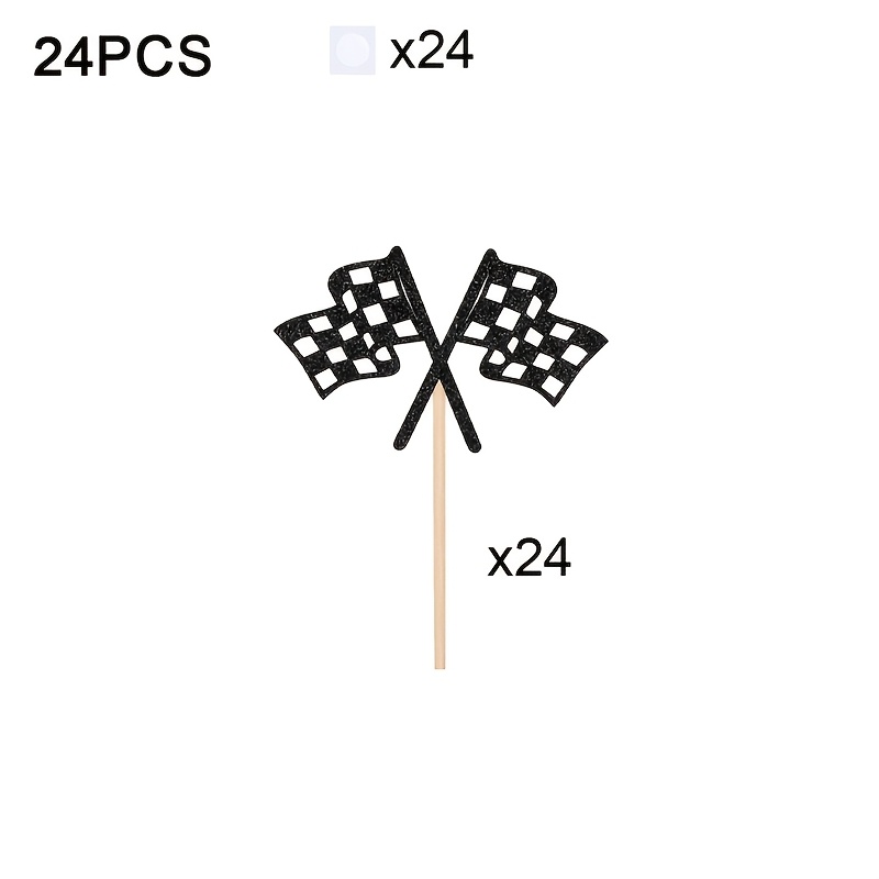 Image of 24pcs Checkered Racing Flag Cake Decorating Supplies Glitter Cupcake Picks Toothpick Flag Dinner Flags Race Car Flags Theme Shower Birthday Party Cake Decorations Supplies,halloween, Christmas