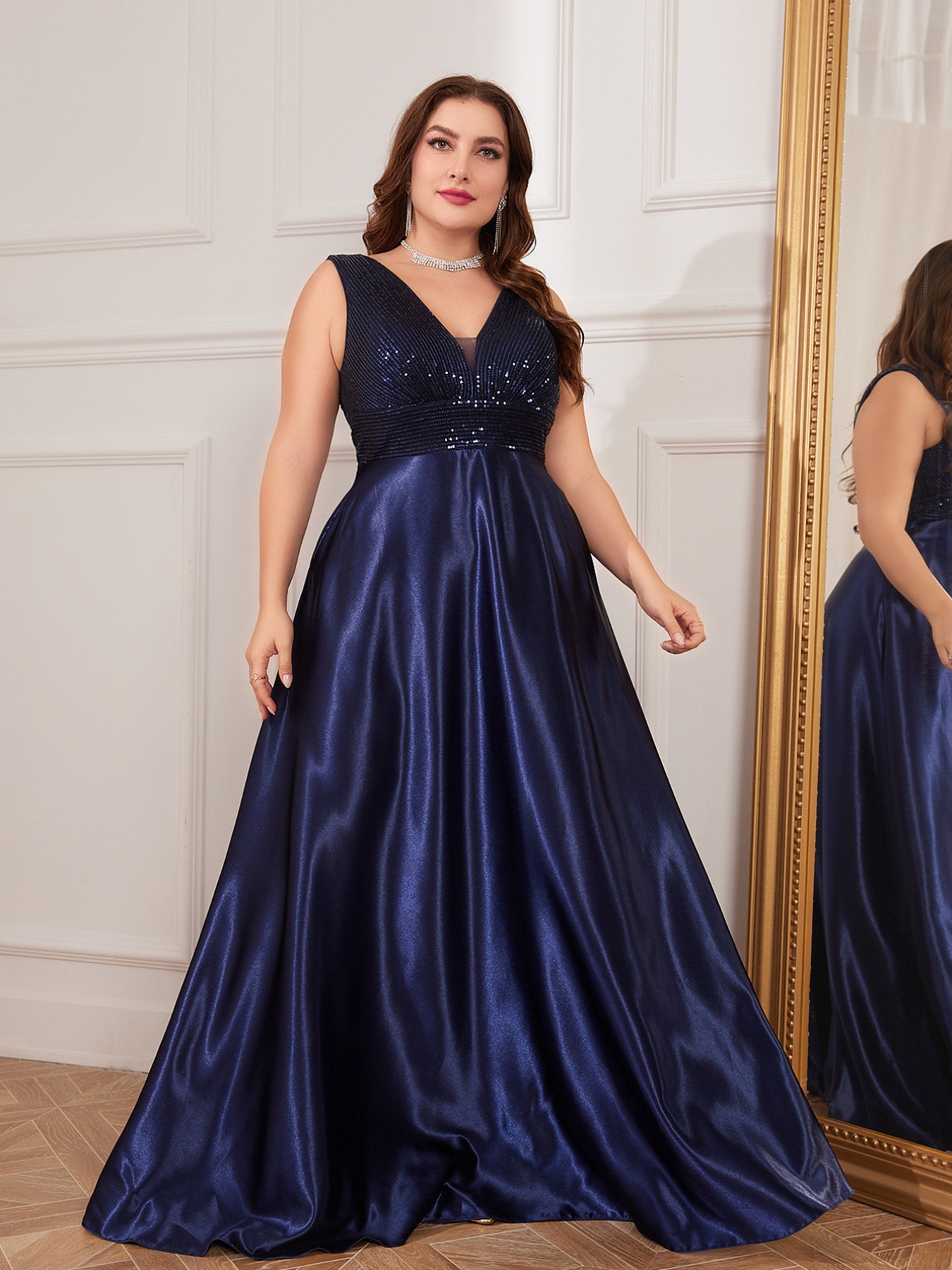 sachin and babi light blue dress Plus Size Shiny V-Neck Short Sleeve A-Line Evening Dress Brown Formal –  Dresslittly