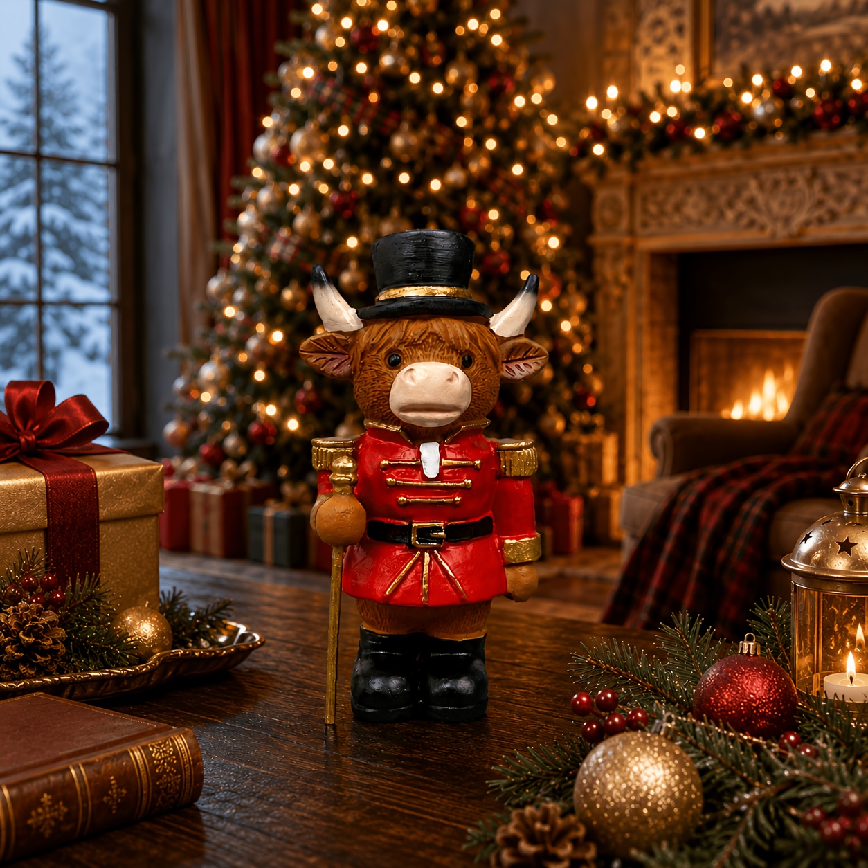 TEMU 1pc Highland Cow Nutcracker Figurine - Resin Scottish Cow Statue With Nutcracker Suitable For Christmas, Farmhouse Tabletop Decor, Fireplace