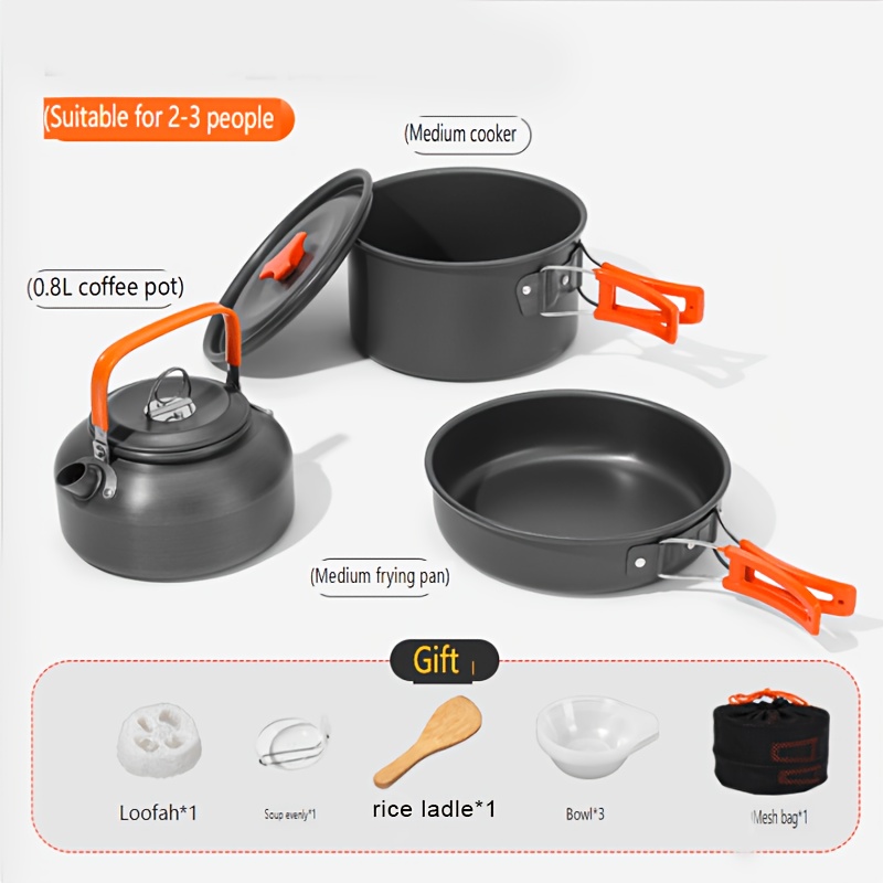 TEMU Set Of 10 Camping Cookware Including Pots, Pans, A Kettle, Plastic Bowls, And A Soup Set, Designed For Lightweight Cooking For 2-3 People. It