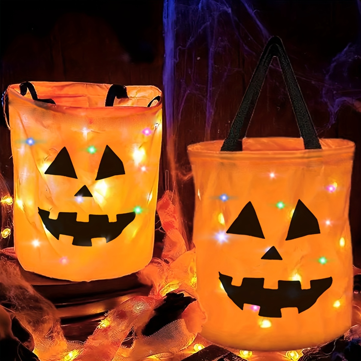 2pcs halloween  -the- -o-lantern tote bags con   di zucca e luci - borse di caramelle in poliestere resistente per il trucco o trattamento, decorazioni per feste e accessori festivi per costumi, decorazioni di halloween