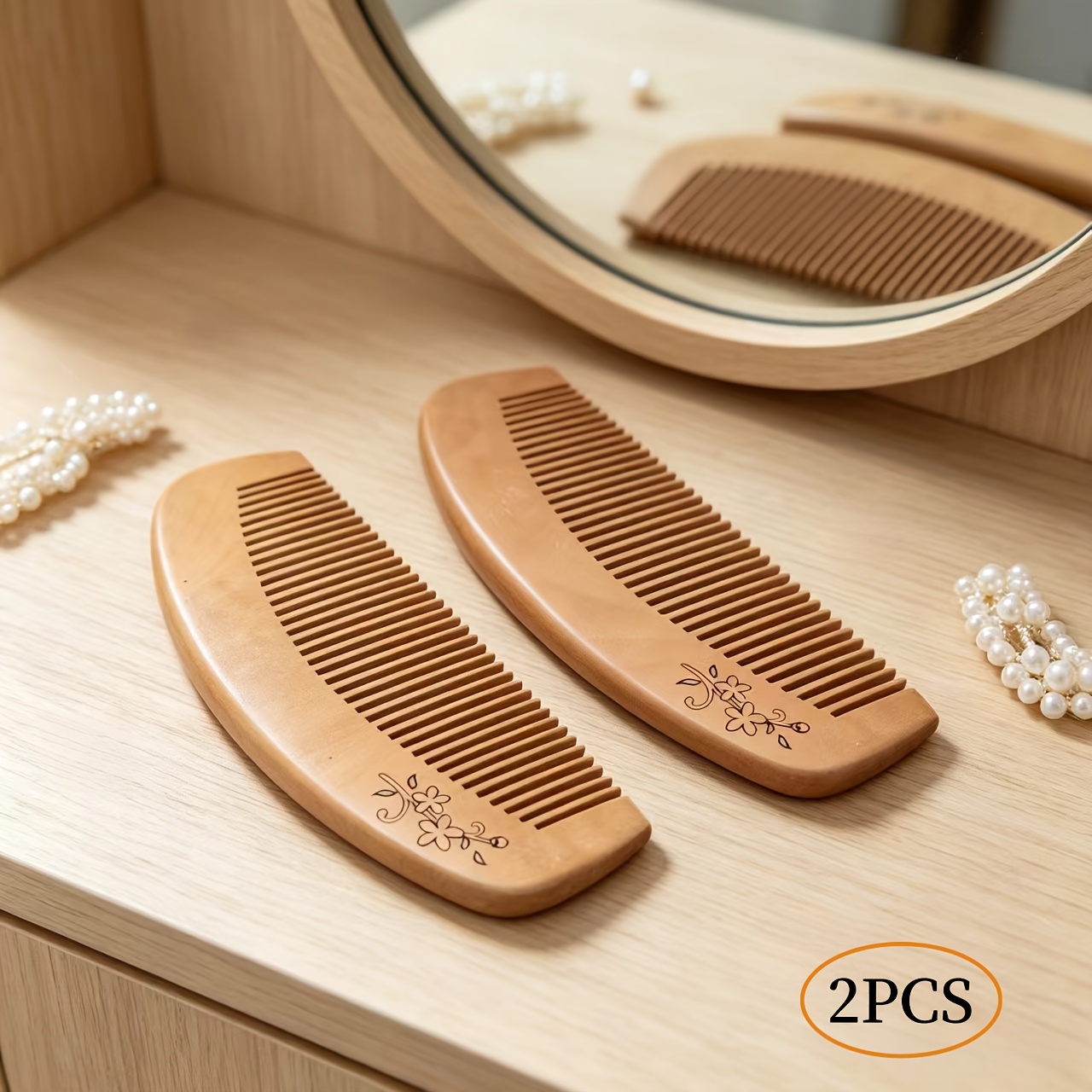 TEMU 2pcs Carved Peach Wood Comb, Exquisite And Compact, Easy To Carry, For Outdoor Hair Care, Smooth Detangling, Anti-static, Hair-friendly