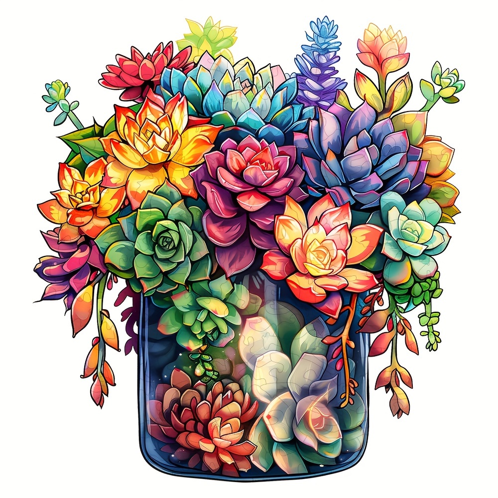 

Succulent Wooden Puzzle In Colorful Vase, Suitable For Birthday Gift, High Difficulty Challenge