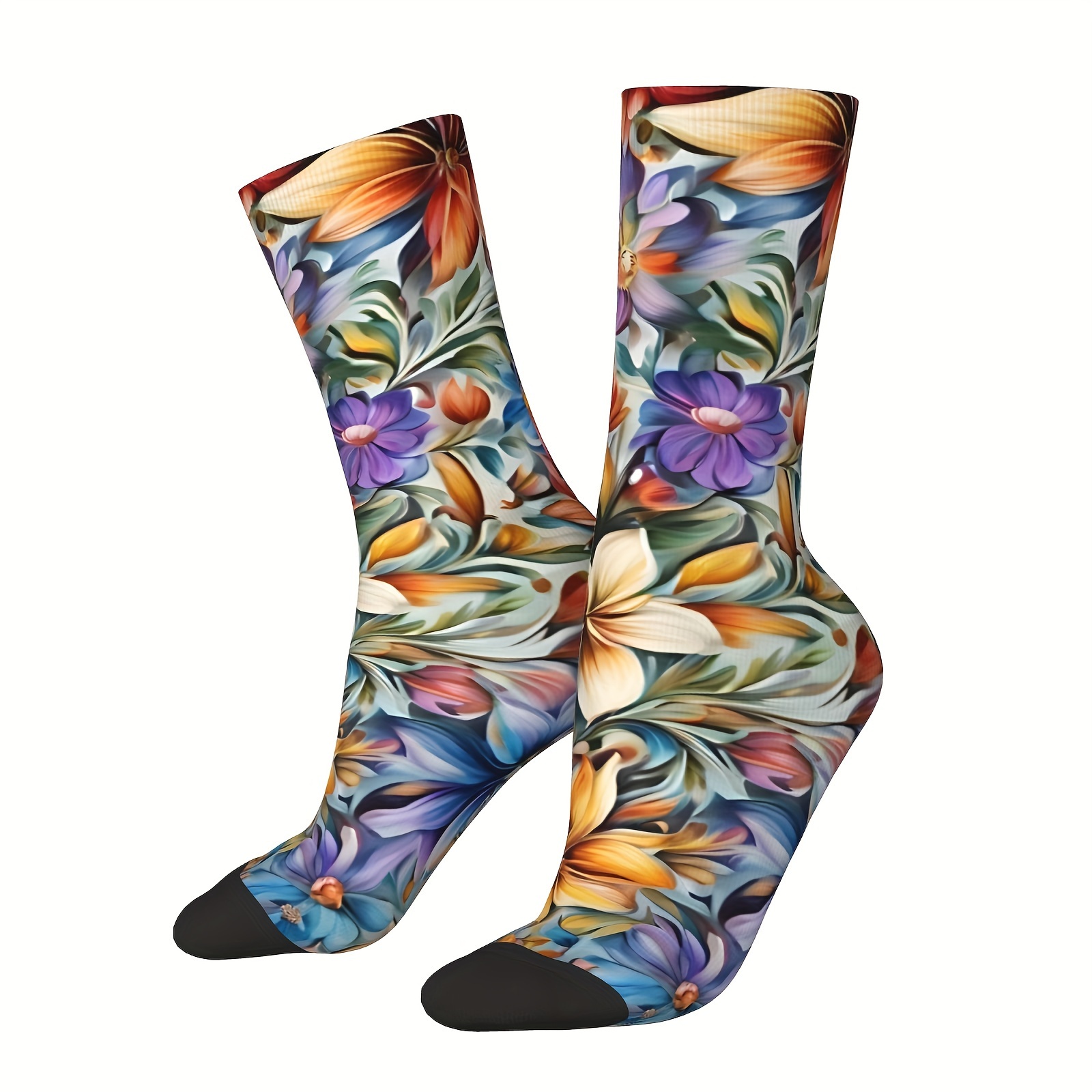 TEMU 1 Pair -inspired Multicolor Hibiscus Flower Socks - Multicolor Tropical Leaf & Hibiscus Print, Black Toe, Harajuku Street Style Novelty Crew Socks For &, Kimono-inspired Casual Wear