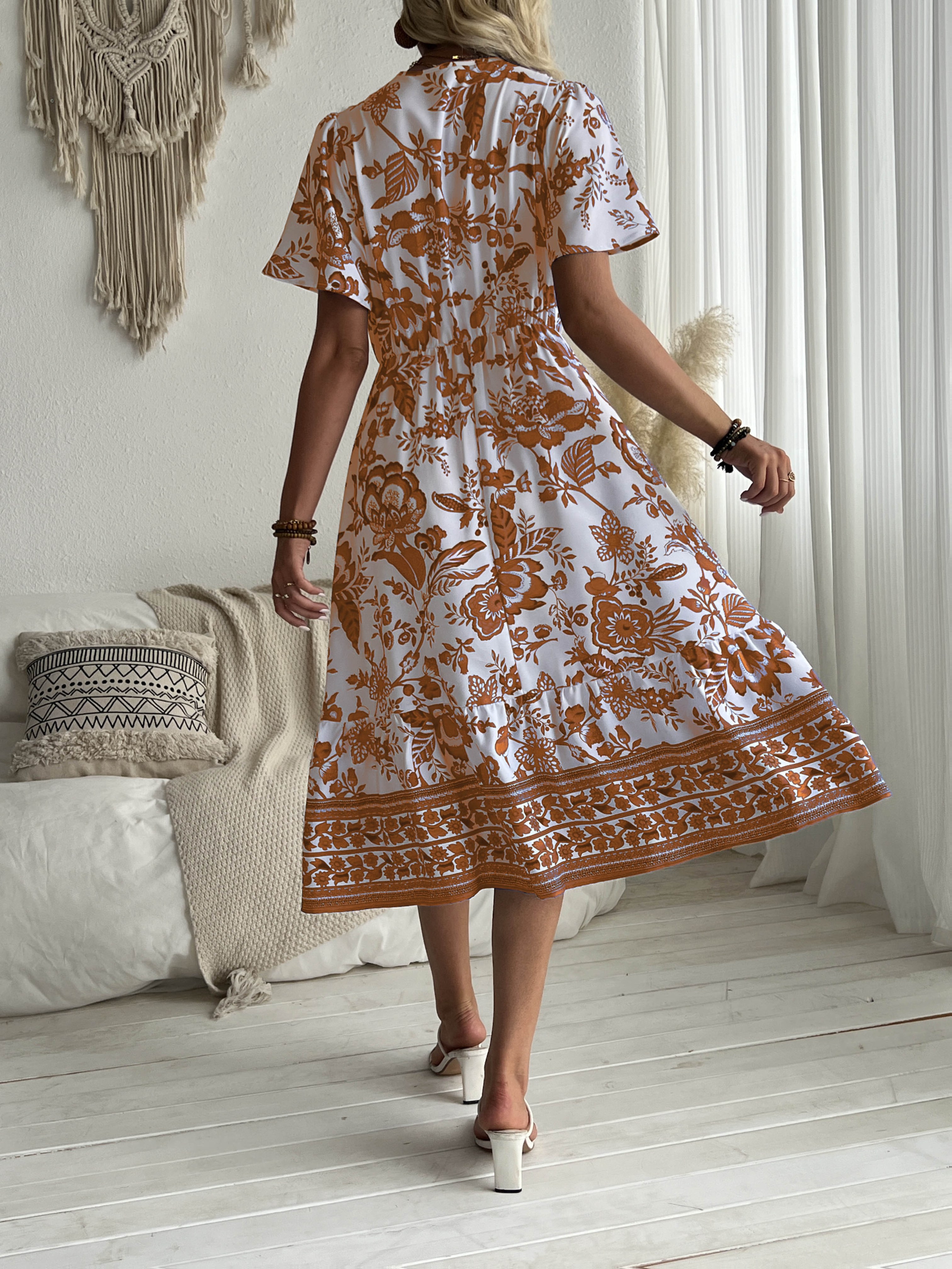 womens vintage bohemian v neck dress elastic waist