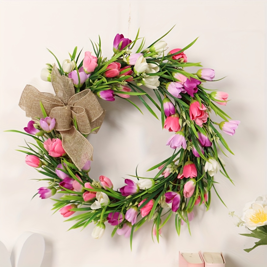 Image of 15.8-inch Spring Artificial Tulip Wreath In White And Pink, Bohemian Style Plastic Door Hanging For Home, Wedding, Party, And Holiday Decor, Outdoor Decor, Simulation, Supplies