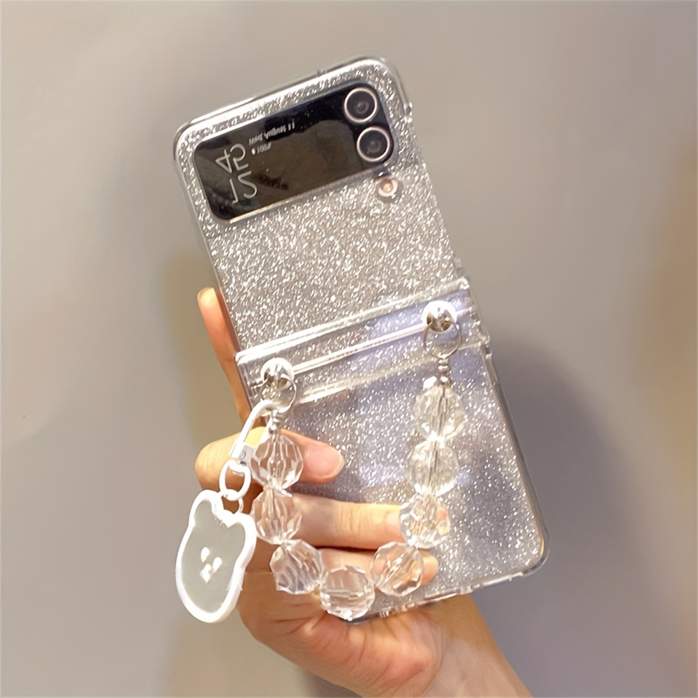 

Glittery Clear Pc Phone Case With Cartoon Bear Bead Bracelet Lanyard For Samsung Galaxy Z Flip 5/4/3 - Sparkling Hard Protective Cover