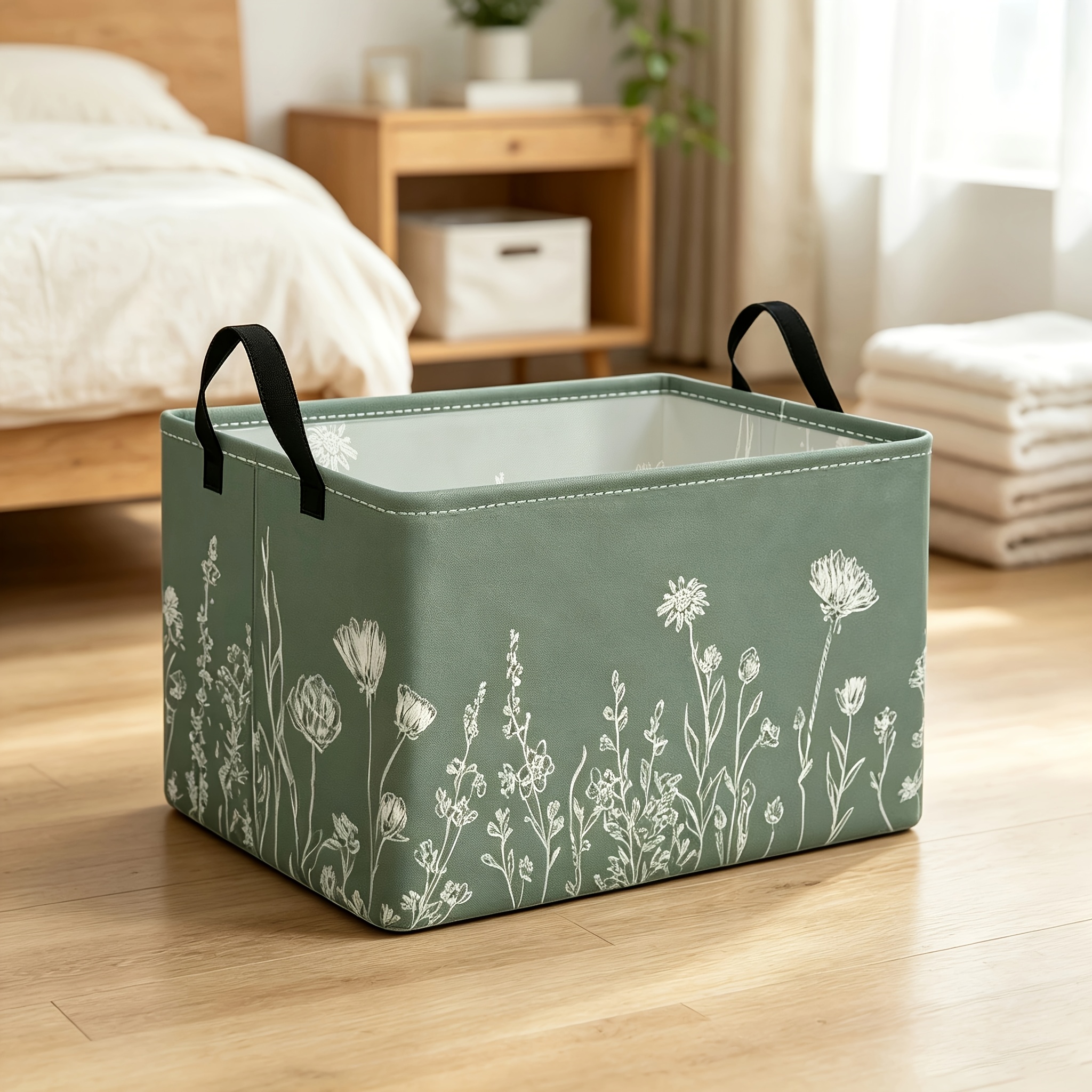 TEMU 1pc Foldable Fabric Basket, Lavender Green And White Print - Minimalist Plant Style Laundry Basket For Bathroom, Bedroom, Blanket Storage -