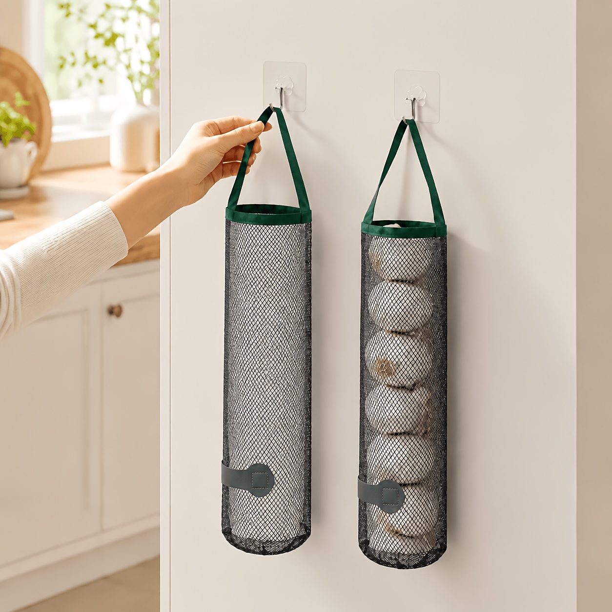 TEMU 2pcs Multi-functional Kitchen Mesh Storage Bags With - Portable Hanging Perforated Breathable Ginger And Garlic Wall-mounted Organizer |