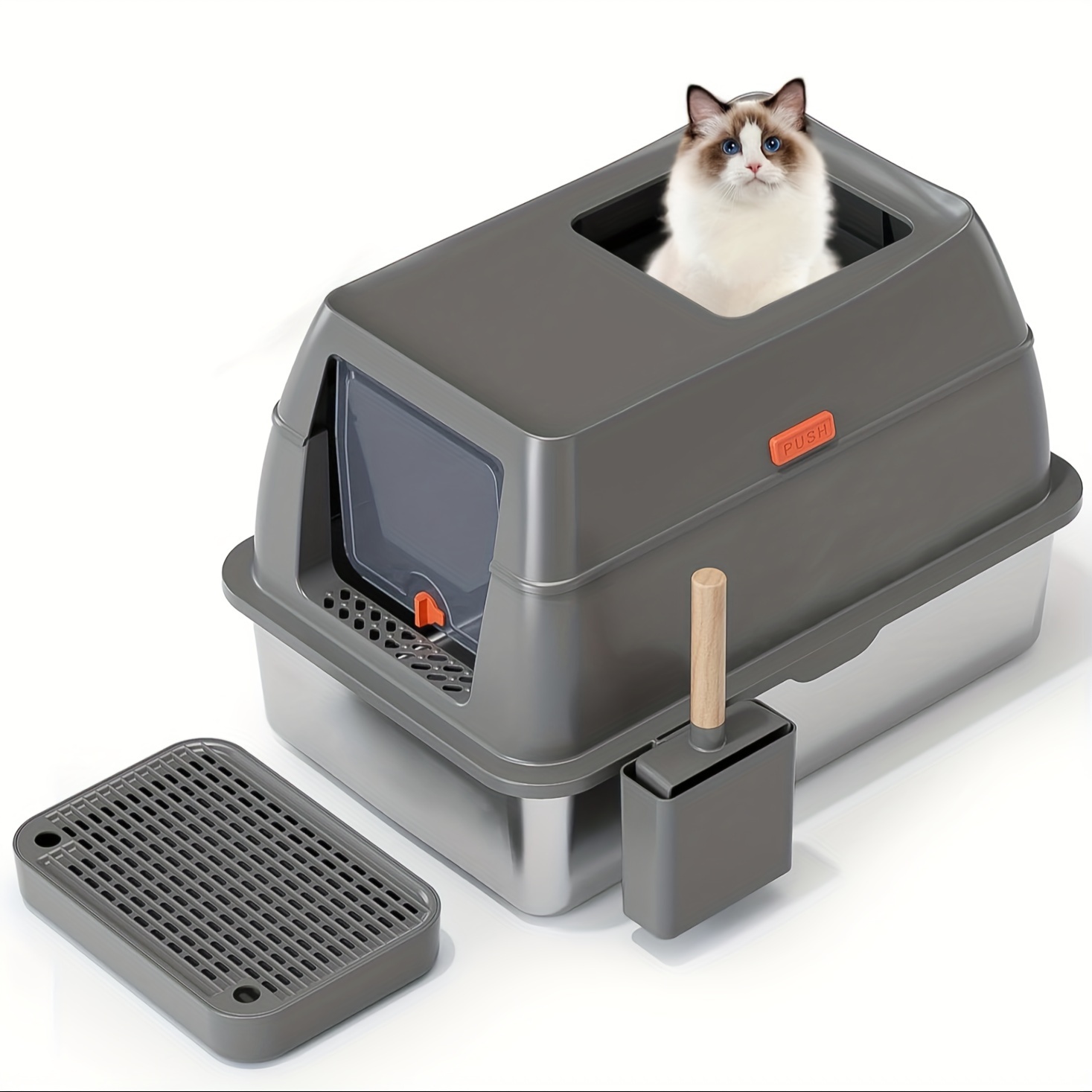 Edelstahl-Katzentoilette – 50x35x14 Cm, Hohe Seiten, Antihaftbeschichtet, Mit Griffen