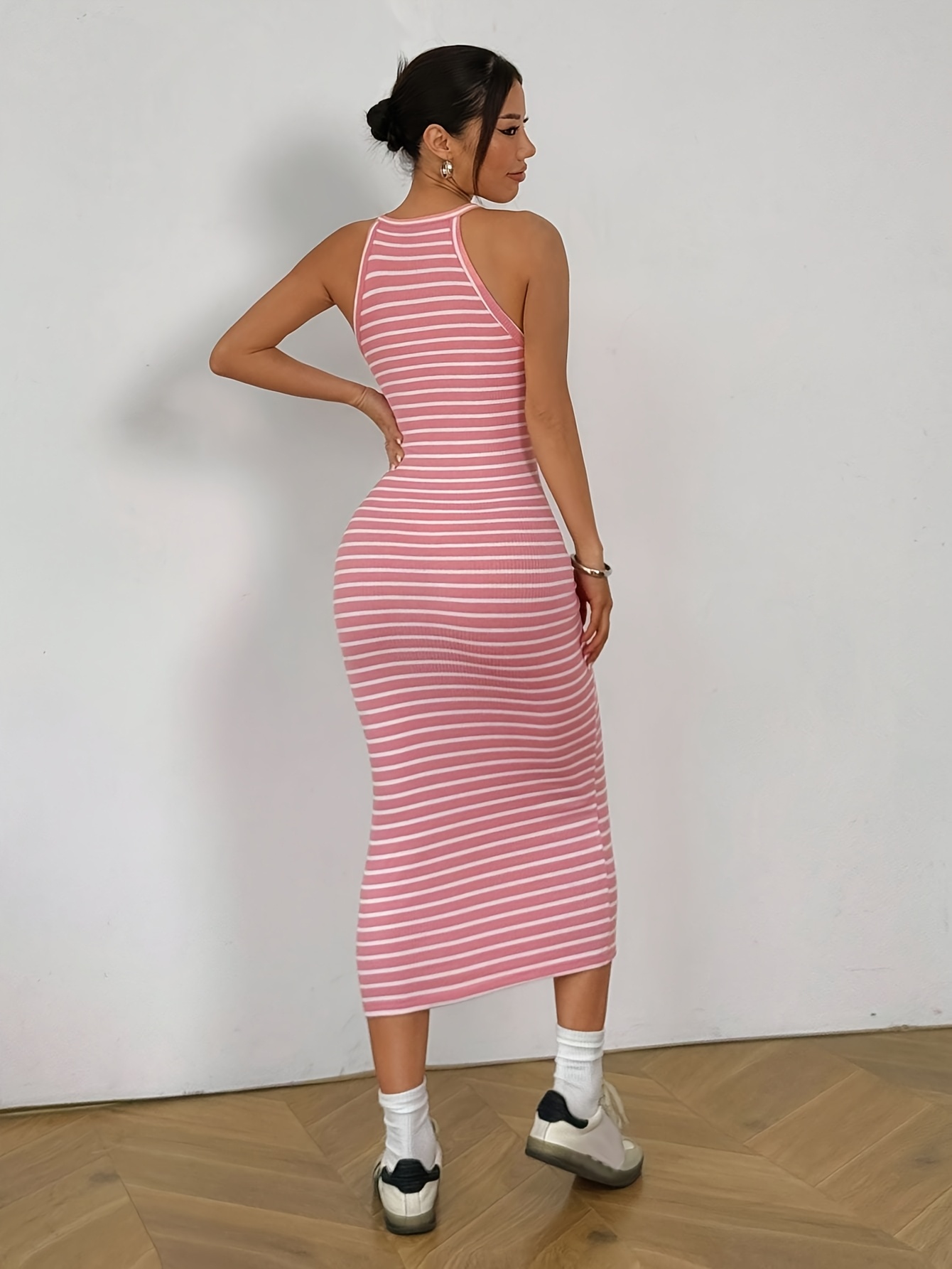 women's knit sleeveless shoulder dress pink white striped Temu Oman